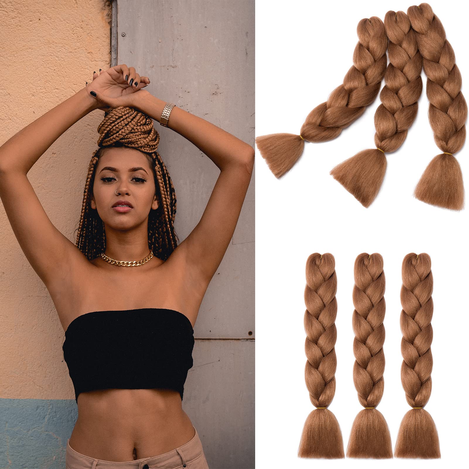 Gairyan Extensiones de Pelo Trenzas Africanas 6 Paquete 24" Pelo Sintetico Para Trenzas Natural Crochet Braiding Hair (Castaño Claro)
