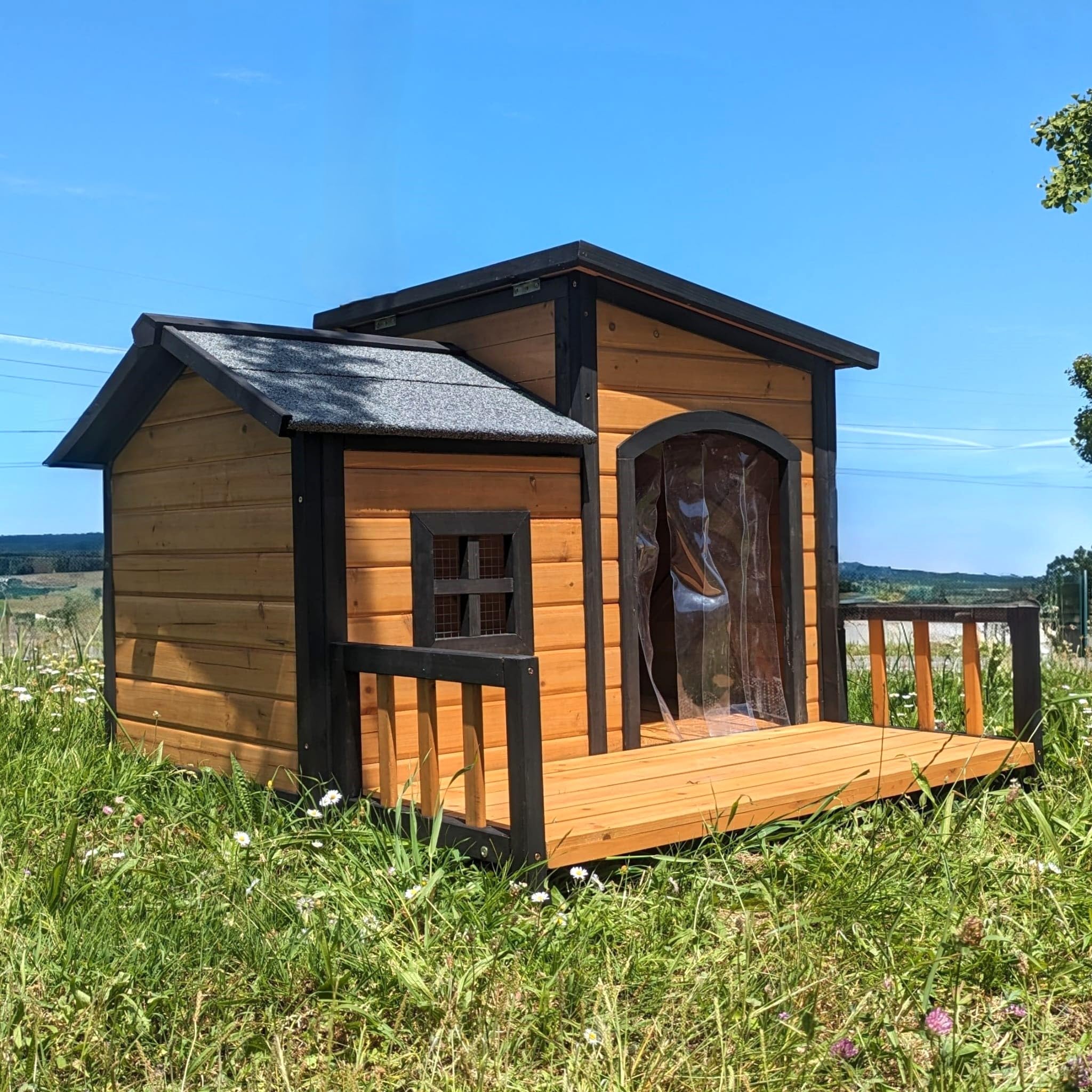Caseta para perro Border Collie con techo de tejas abatible y terraza Tamaño L
