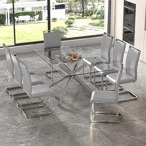 Miniatura 9 de Juego de mesa de comedor moderno para 8 personas, juego de mesa de comedor de cristal templado rectangular de 71 pulgadas y sillas de comedor de
