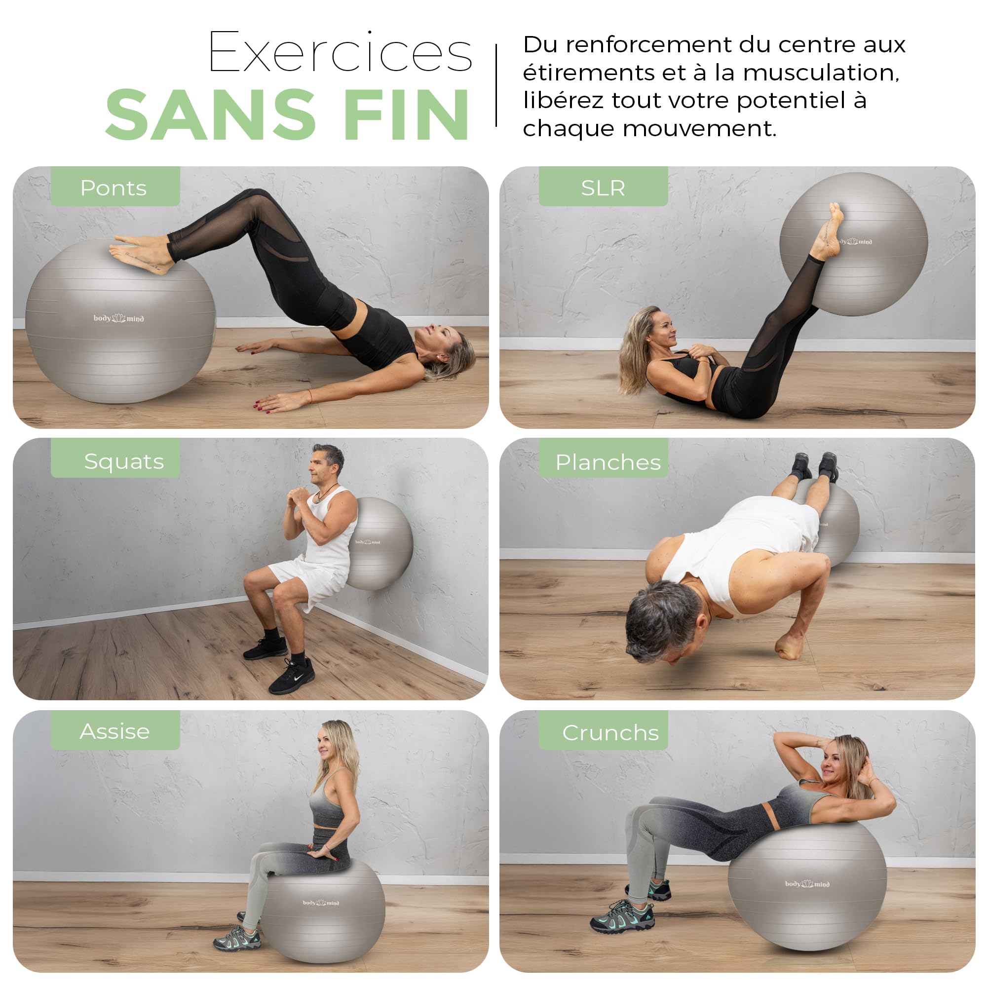 Body & Mind Ballon de Gymnastique avec Pompe à air - Ballon Pilates Anti-éclatement pour la maternité, Ergonomique pour Le Bureau, Ballon d'assise pour Le Yoga, la Gymnastique et Le Fitness