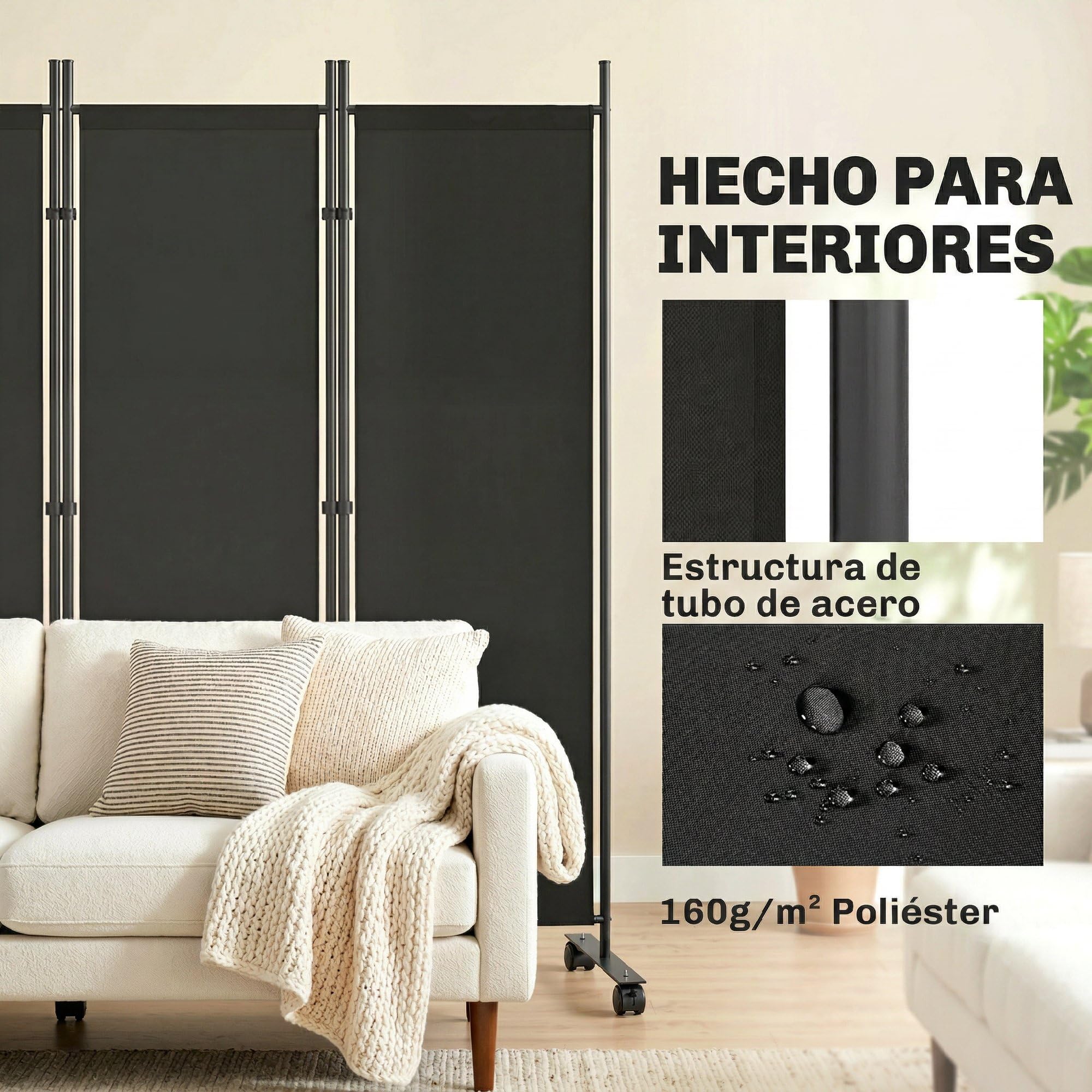 Outsunny Biombo Plegable de 5 Paneles con 12 Ruedas 252x170 cm Negro | Biombo Separador de Ambientes, Clips de Conexión, Montaje Personalizado, para Salón u Oficina