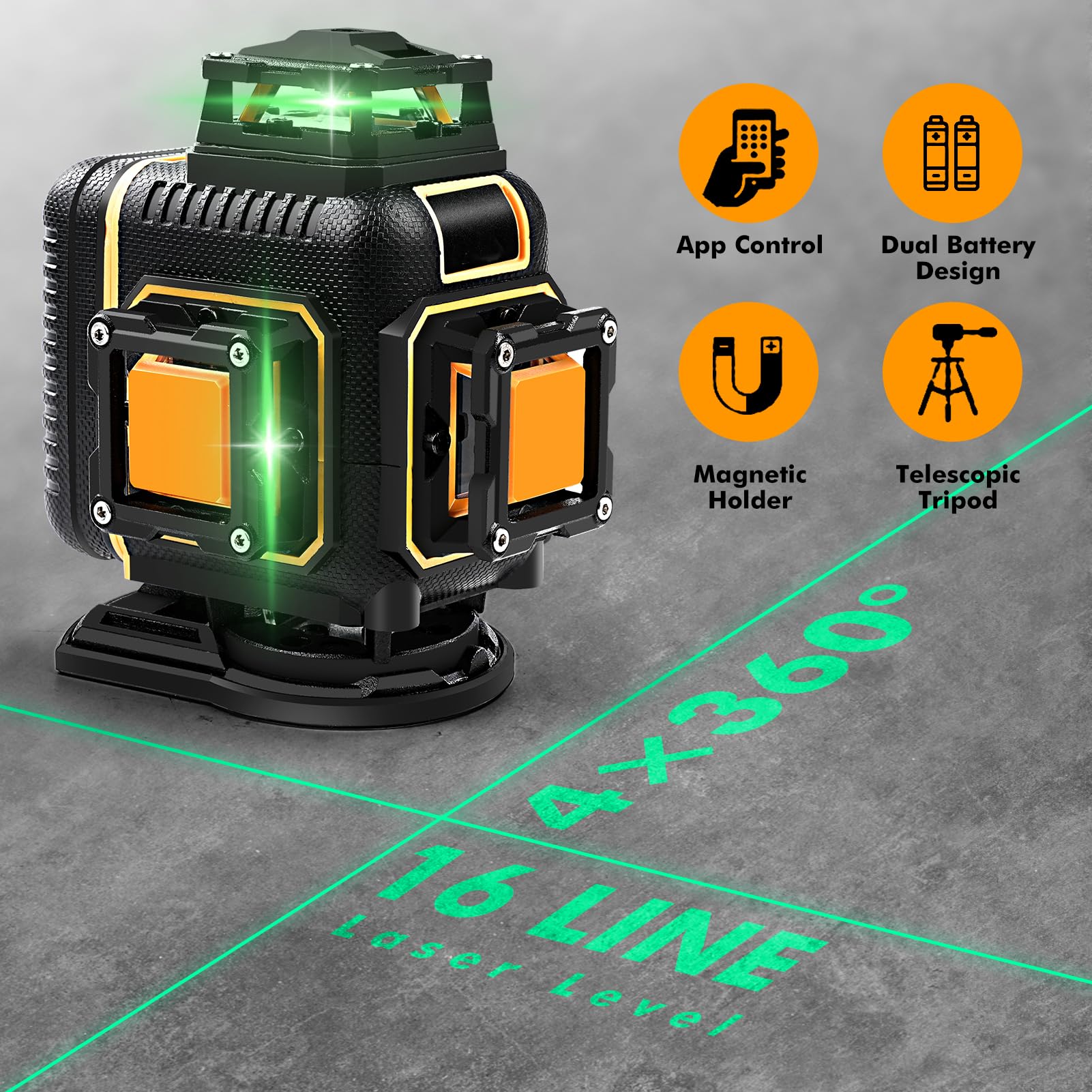 Láser de líneas cruzadas, nivel láser de 16 líneas, autonivelación de 360° con rayo láser verde para alineación horizontal y vertical