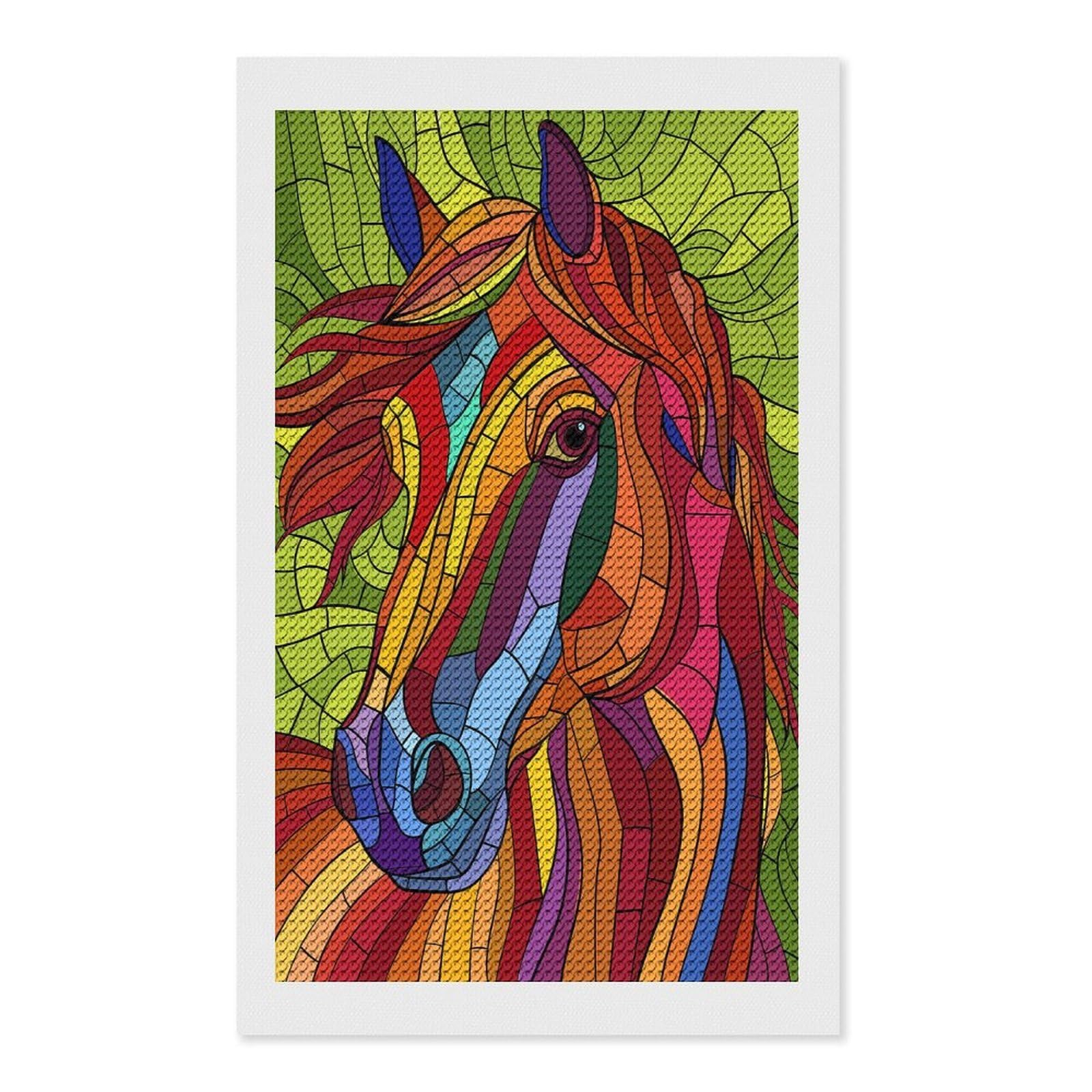 Junmoney Colorful Stained Glass Horse Portrait Round Drill Diamond Painting 12"x20", for Adults, Creative Leisure Activity, Office Decor, Holiday Gift Idea