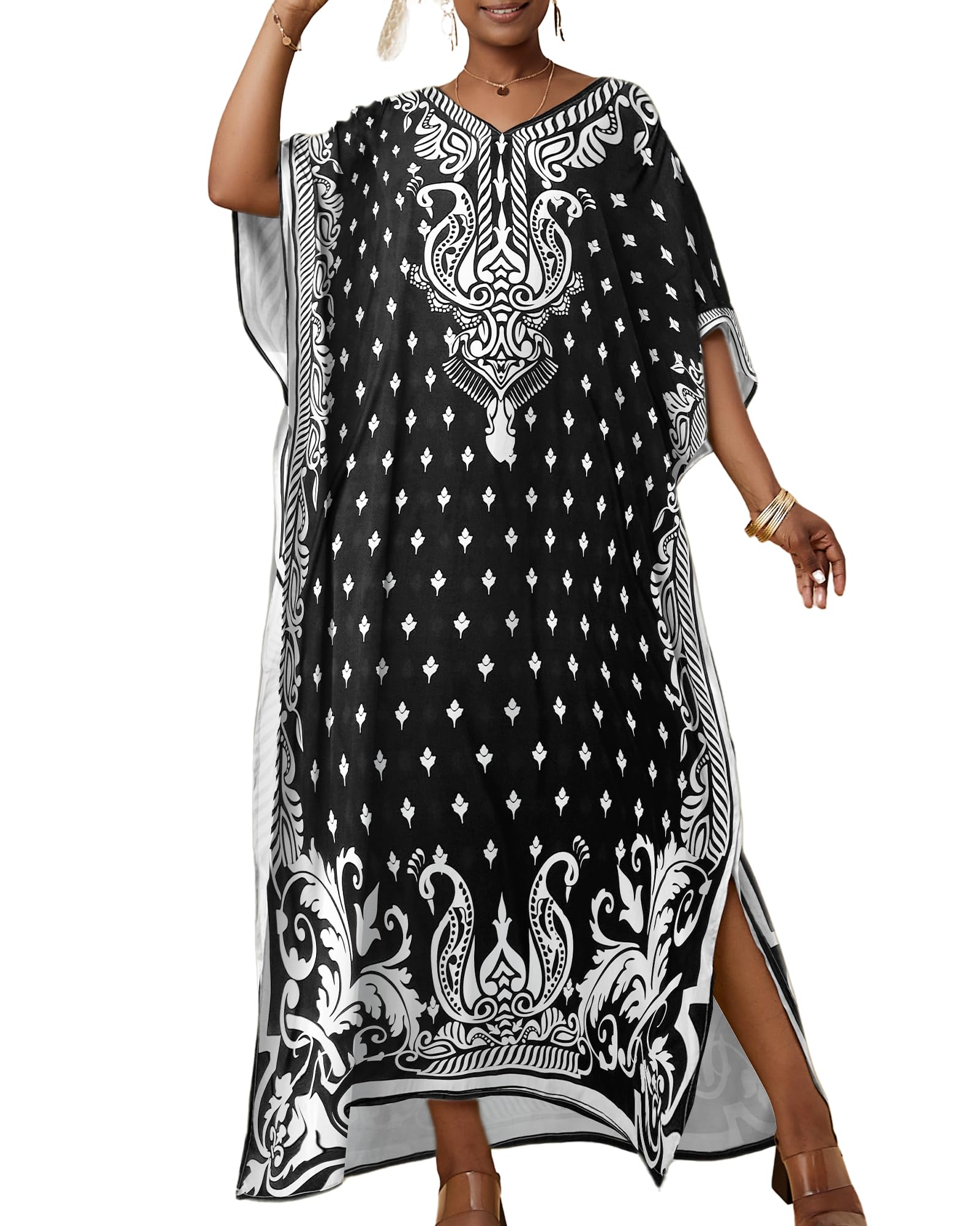 Bsubseach Ethnic Kaftan Dresses for Women Plus Size Beach Coverup Short Sleeve Beach Dress Caftan Loungewear