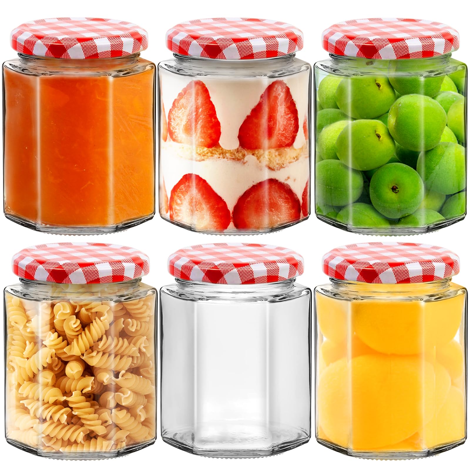 Showvigor 6pack Glass Jam Jars with Red Gingham Lid, 280ml/9oz, Hexagonal Storage Glass Jars