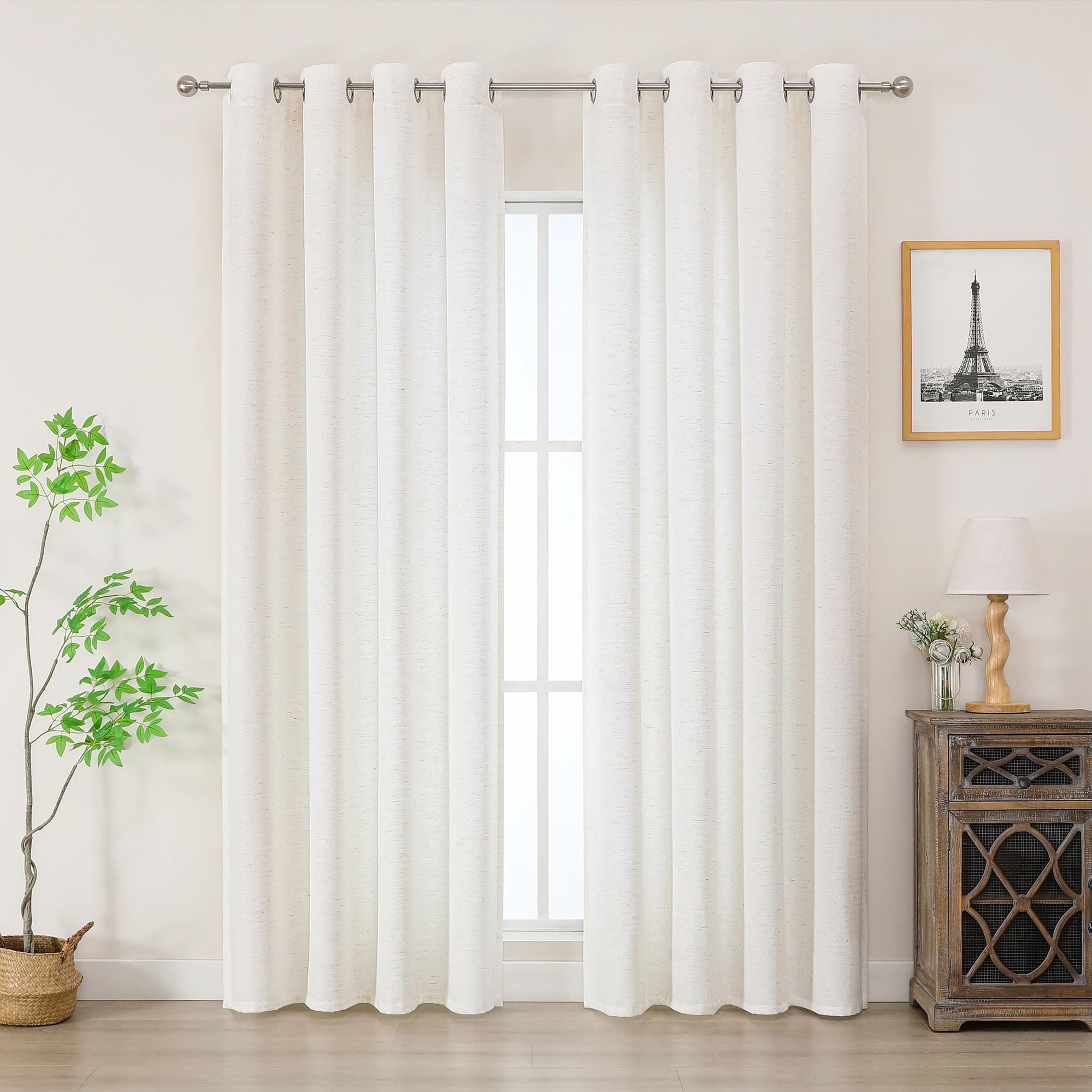 Simplebrand Beige Faux Linen Texture Curtain 200 CM Drop, Privacy Curtain for Living Room/Bedroom/Patio Door, Lightweight Semi Translucent Panels with Elegant Eyelet Top, Set of 2, W140 x H 200 CM