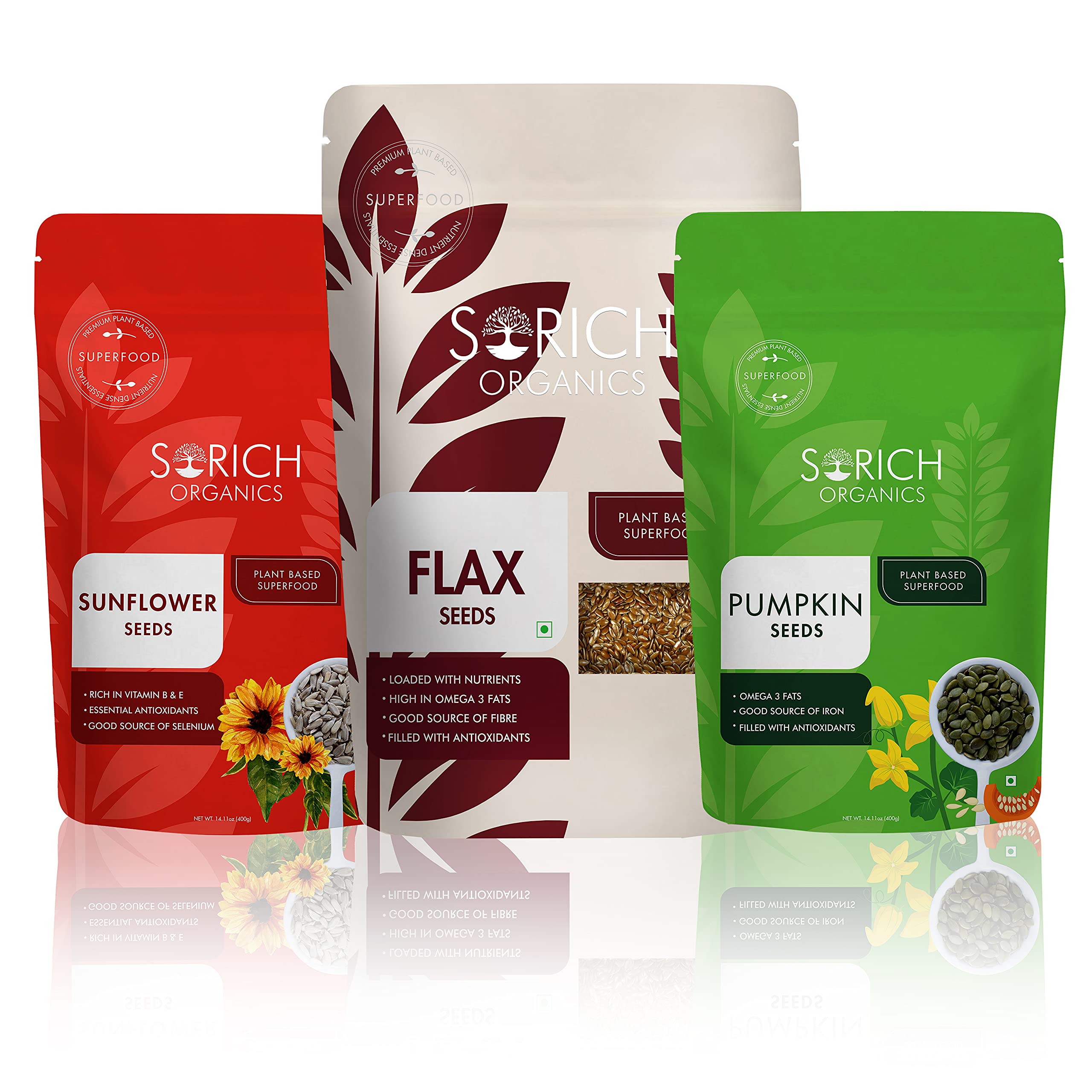 Sorich Organics Sunflower Seeds 400 Gm, Pumpkin Seeds 400 Gm and Flax Seeds 900 Gm - 1700 Gm - Seeds for Eating | Edible Seeds Combo Pack | Flax Seeds for Hair Growth