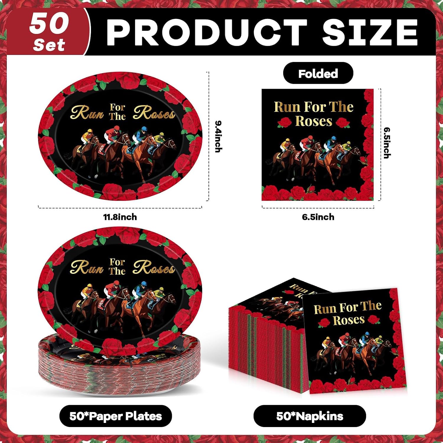 100Pcs Derby Party Supplies Run for the Roses Oval Paper Plates Napkins Derby Day Dinner Plates Horse Racing Disposable Tableware Set for Kentucky Horse Theme Birthday Party Decorations Serves 50
