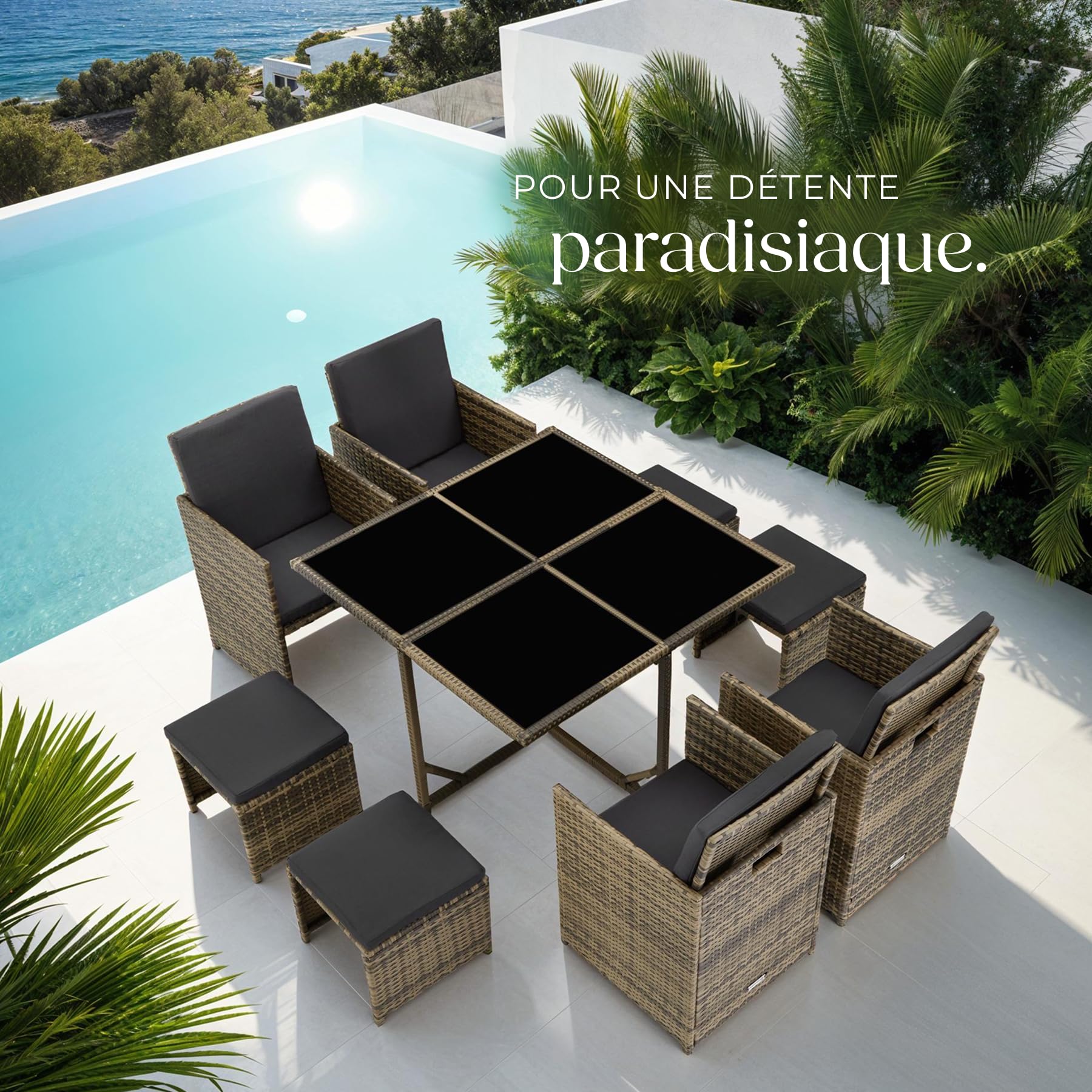 Tectake Salon de Jardin Extérieur en Poly Rotin - Table, 4 Chaises, 4 Tabourets, Housse de Protection - Mobilier Balcon Terrasse - Marron Naturel
