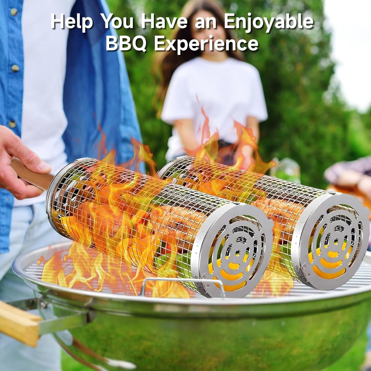 2 Rolling Grilling Mesh Baskets, Stainless Steel Cylinder BBQ Grill Accessories for Outdoor Cooking