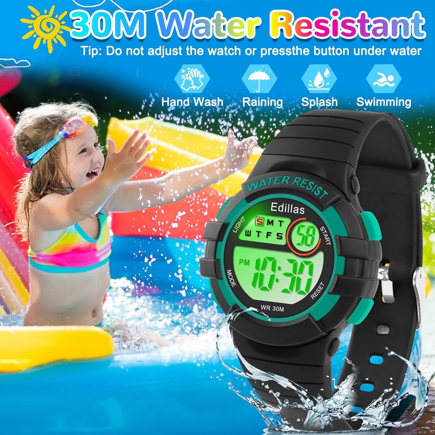 Child playing in water with Edillas watch, illustrating 30M water resistance for hand washing, rain, splash, and swimming