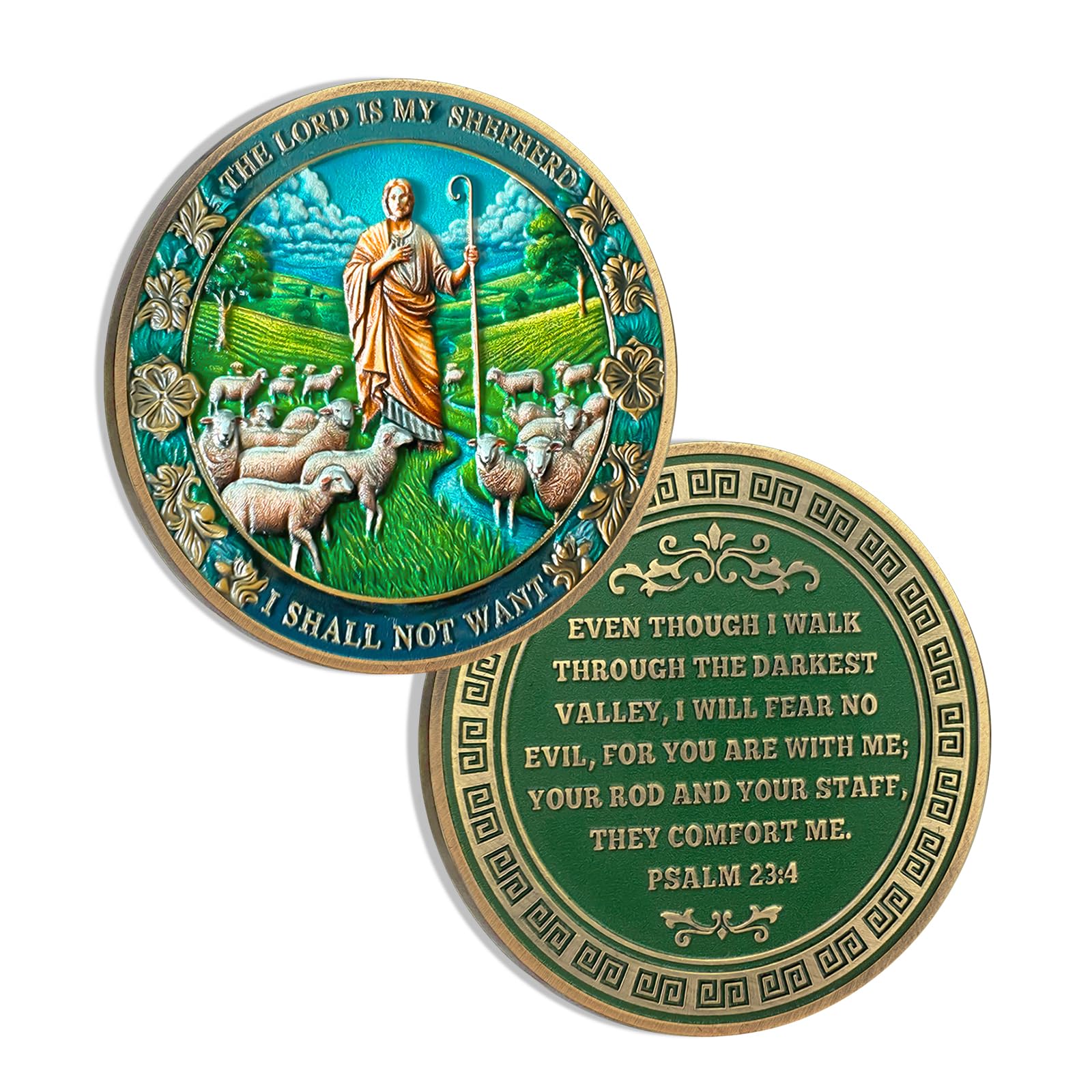 The Good Shepherd Christian Coin, Psalm 23:4 Bible Verses Coin - Bronze Christian Prayer Pocket Token - Religious Gifts for Men Women
