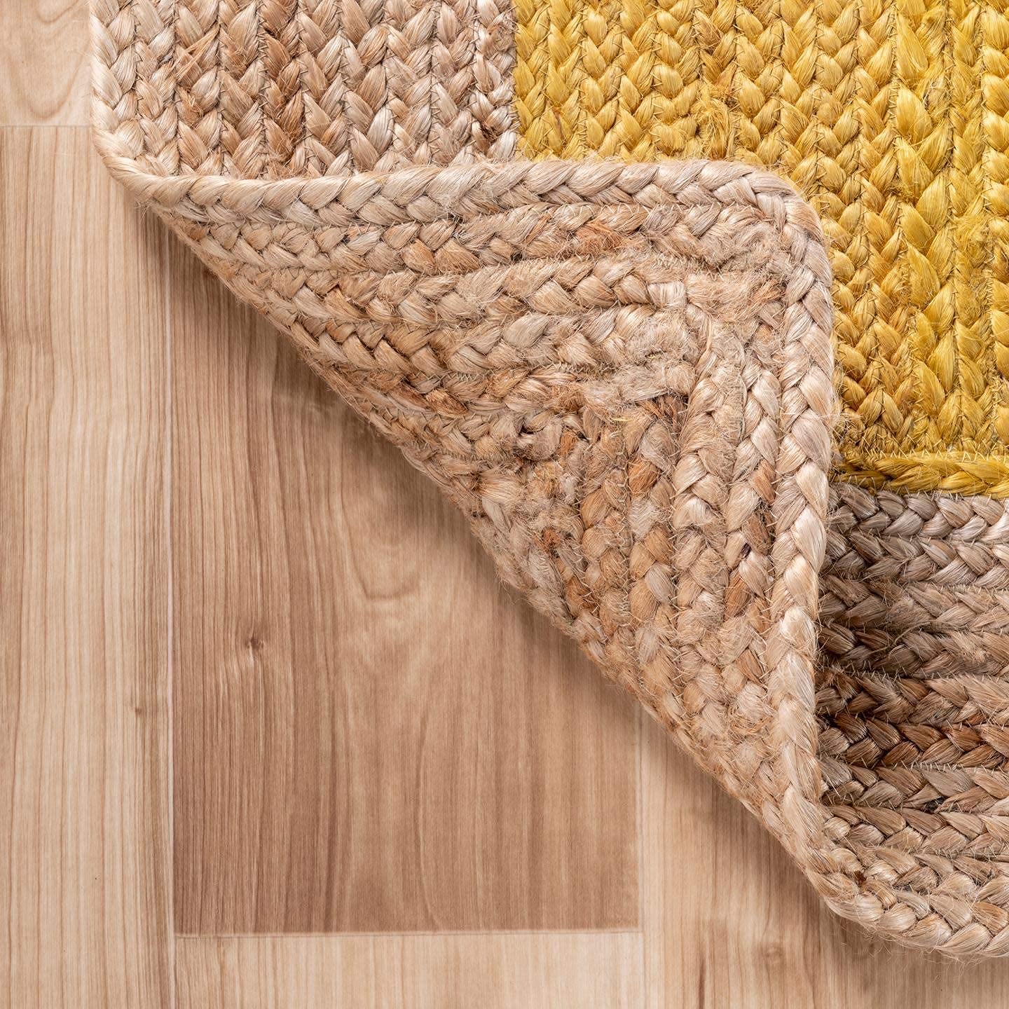 Tapis rectangulaire tressé à la Main en Jute Jaune avec Bordure Beige, Aspect Rustique (60 x 110 cm)
