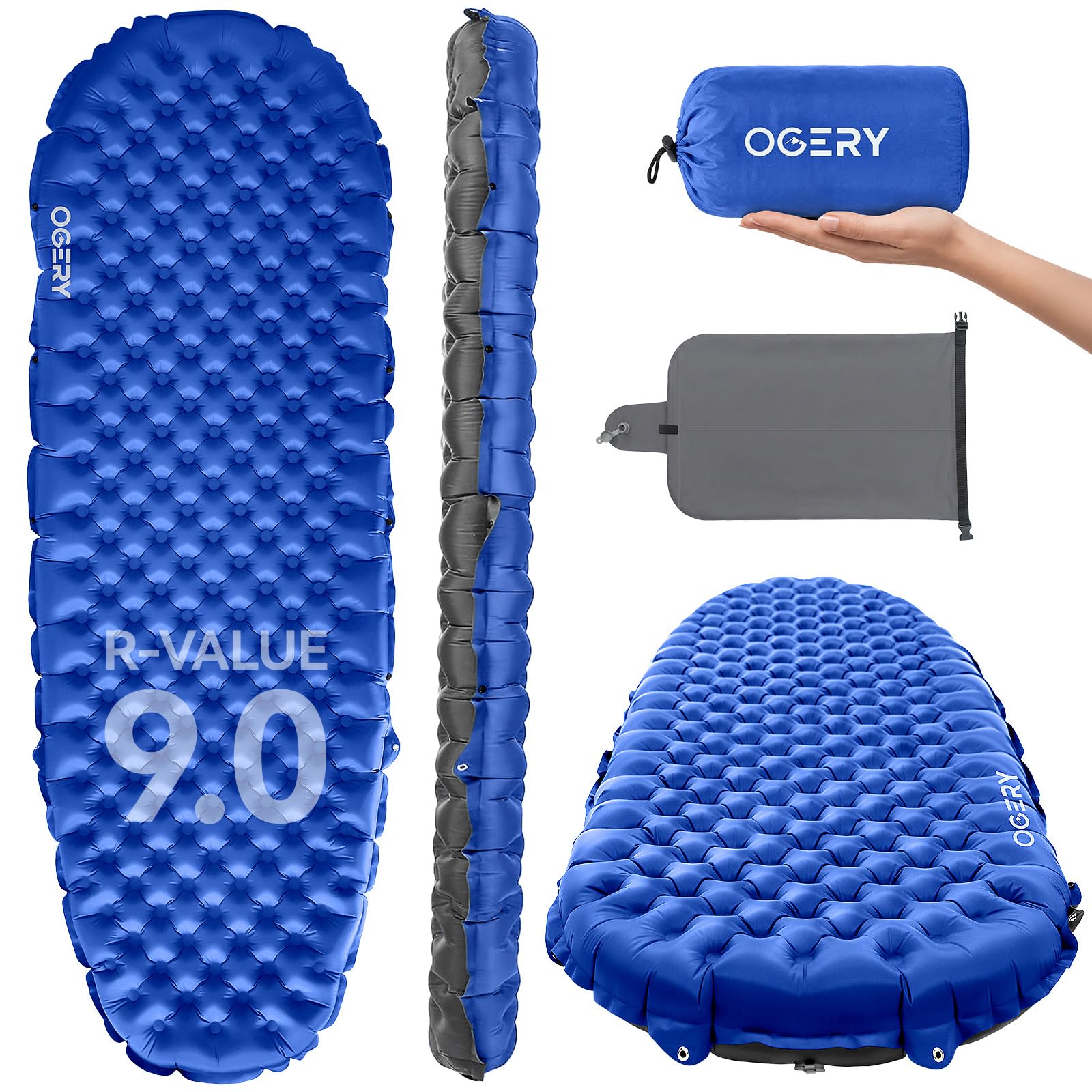 OGERY Sleeping Pad for Camping, R-Value 9.0 Insulated Sleeping Pad | Camping Mattress, 4.7" Thick, Ultralight, Pump Bag Included, Cold Weather, Backpacking, Hiking