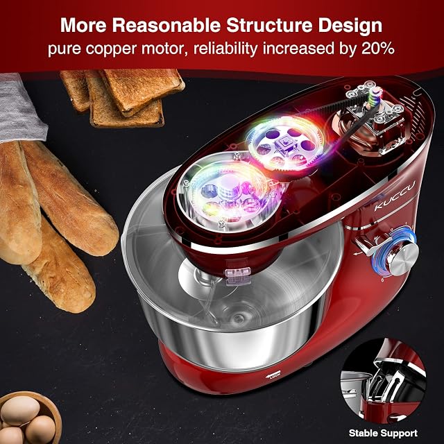 KUCCU 660W Stand Mixer, 6.5 Qt Tilt-Head Food Dough Mixer, 6+P Speeds Kitchen Electric Mixer with Stainless Steel Bowl,Dough Hook,Whisk, Beater, Egg white separator - Red