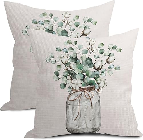 Miniatura 1 de Juego de 2 fundas de almohada de hojas verdes salvia de 18 x 18 pulgadas, diseño de hojas de eucalipto en acuarela y florero floral, juego de 2