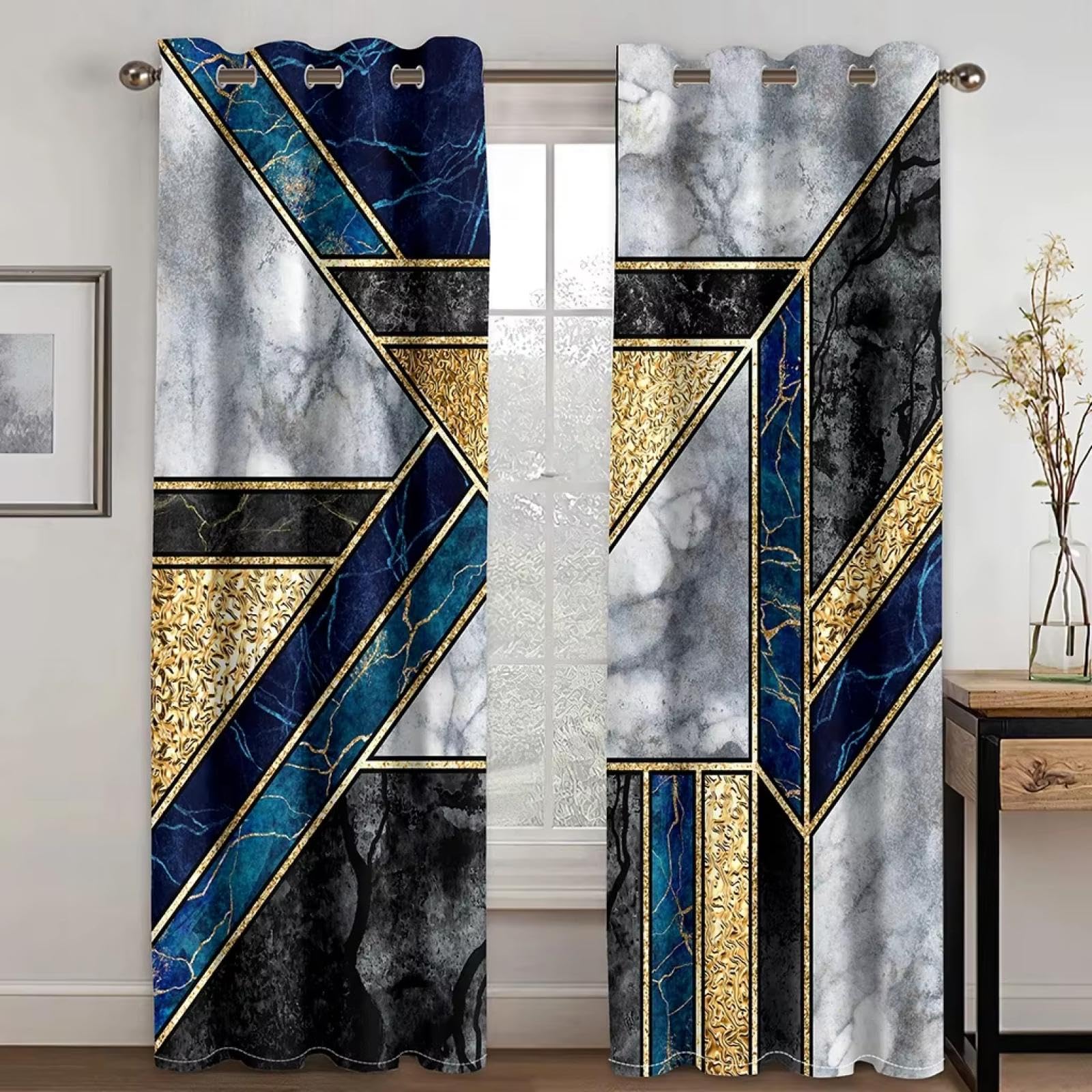 Rideaux occultants marbre noir et or 3D 140x215cm | 2 Panneaux pour Salon