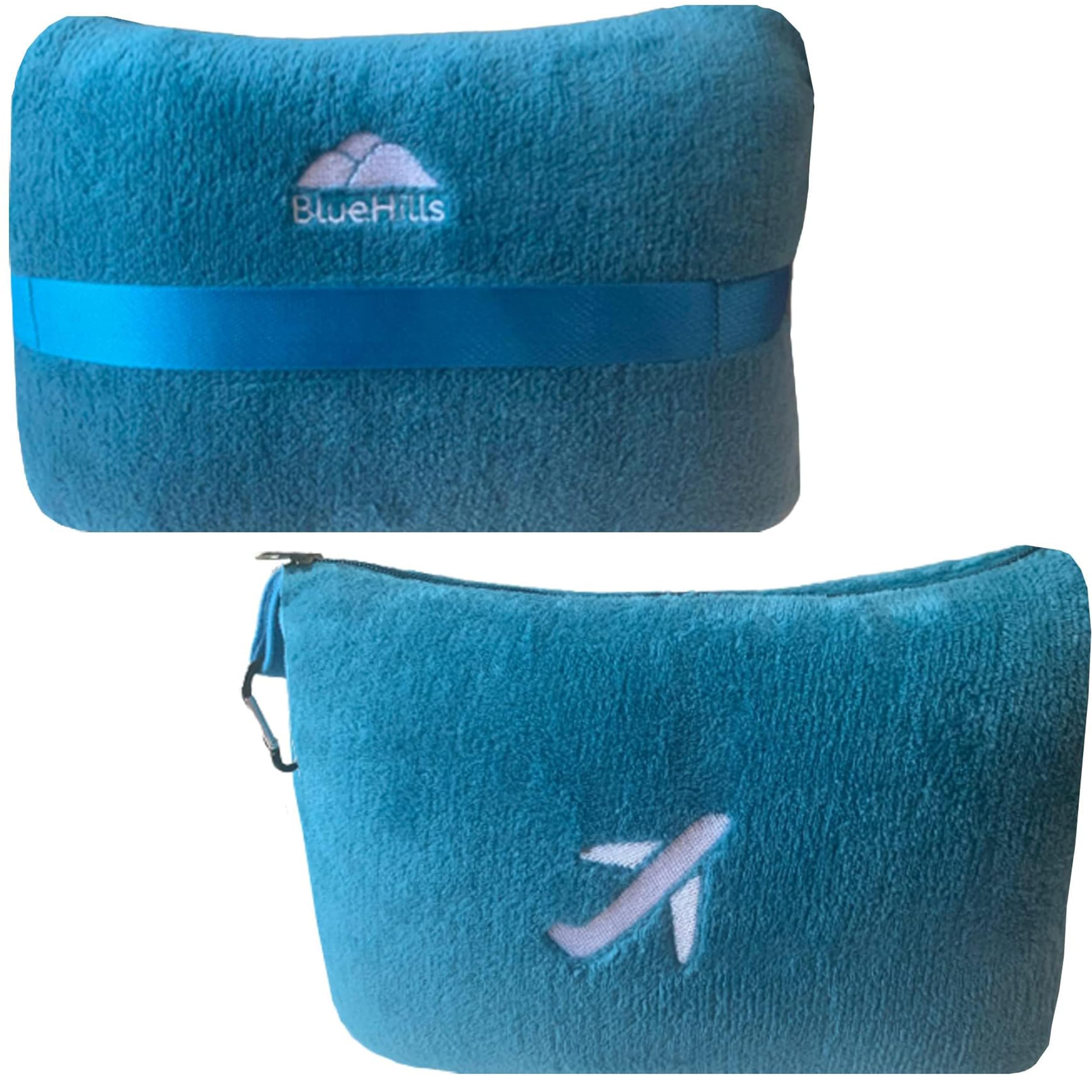 BlueHills Travel Blanket Pillow in Mini Soft Case Premium Plush Airplane Blanket in Soft Bag Compact Pack with Luggage Belt and Backpack Clip Airline Car 2 in 1 Traveler Essentials - Teal Blue M03