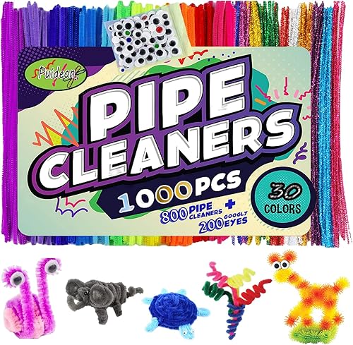 Juego de 1000 limpiadores de tuberías que incluye 800 piezas de tallo de felpilla 200 piezas de ojos ondulados adecuados para manualidades infantiles