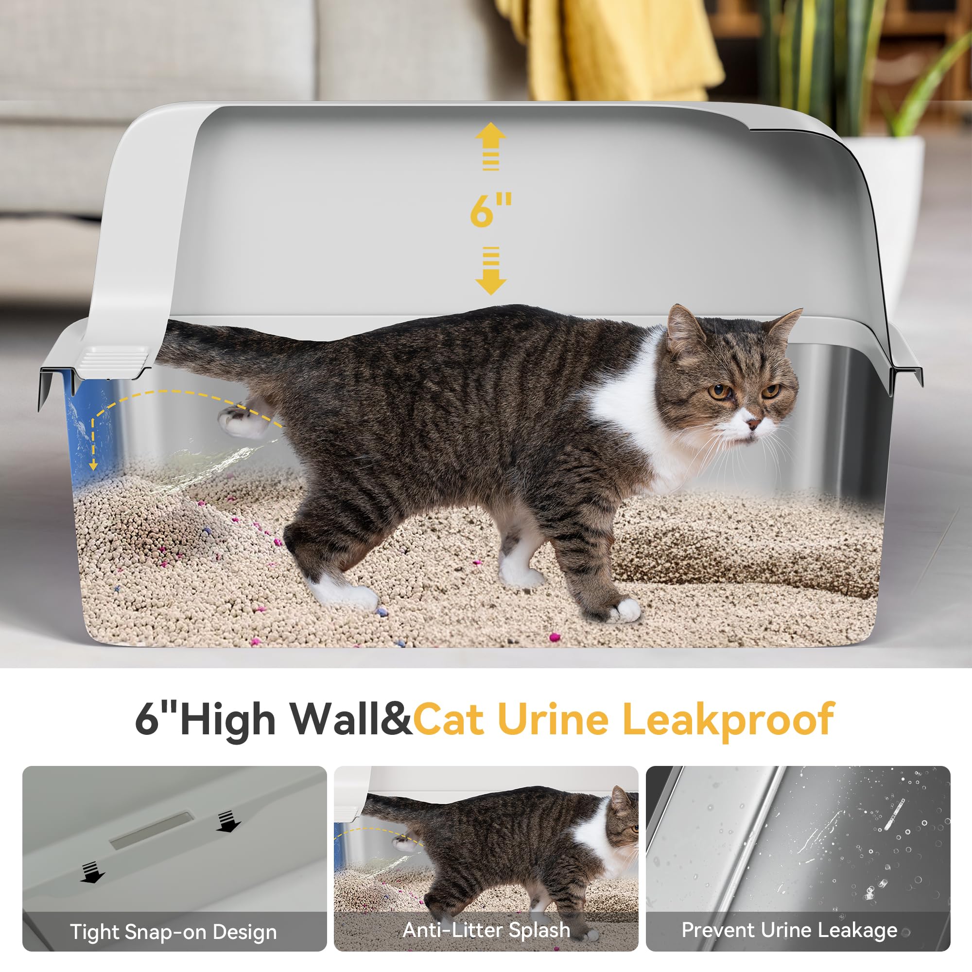 YITAHOME Edelstahl-Katzentoilette mit Deckel, XXL Extra Großes Katzenklo mit Schaufel – Rutschfester Boden, Auslaufsicher, Antihaft-Oberfläche, Leicht zu Reinigen, 60x40x30 für Katzen (Grau)