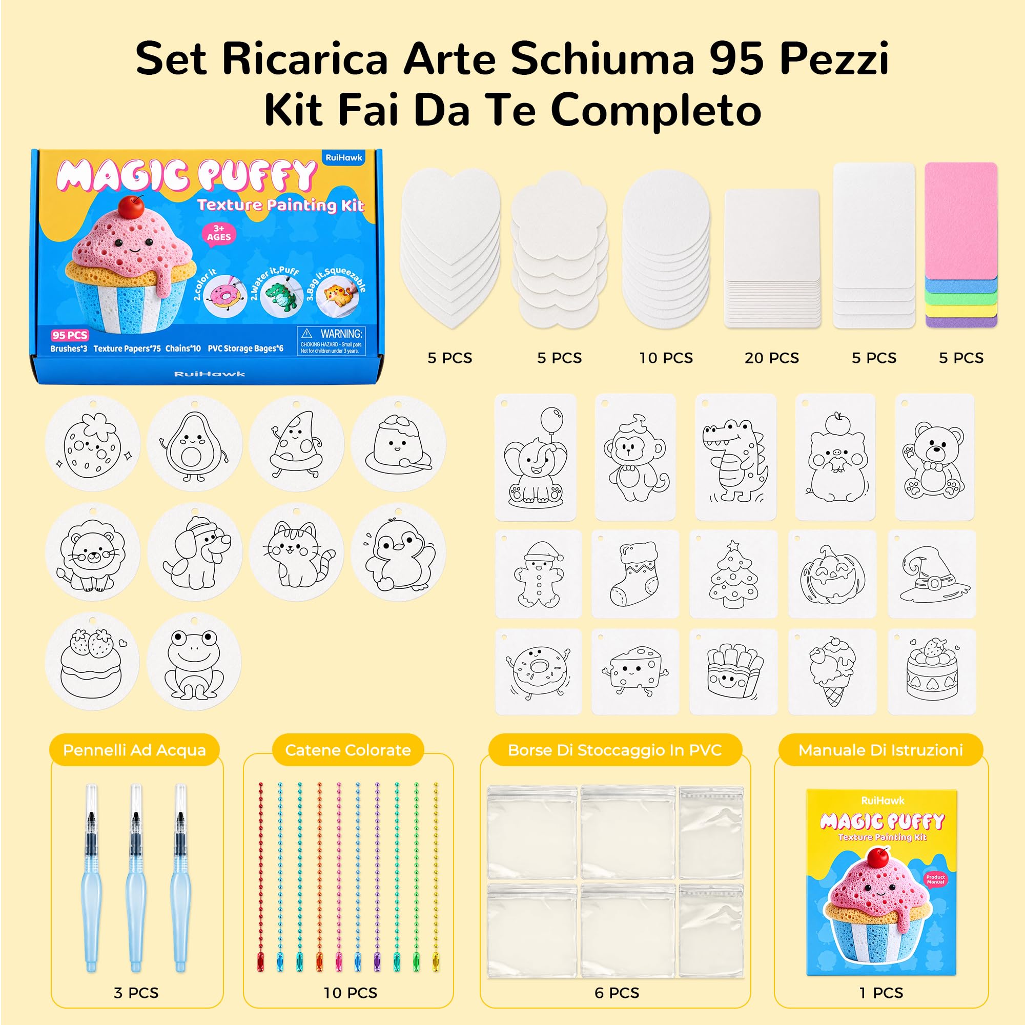 RuiHawk Kit di ricarica per pittura Magic Foam da 95 pezzi, 75 fogli di carta ruvida 3D, 3 pennelli ad acqua, 10 portachiavi, senza disordine, attivato dall'acqua, non tossico, con confezione regalo