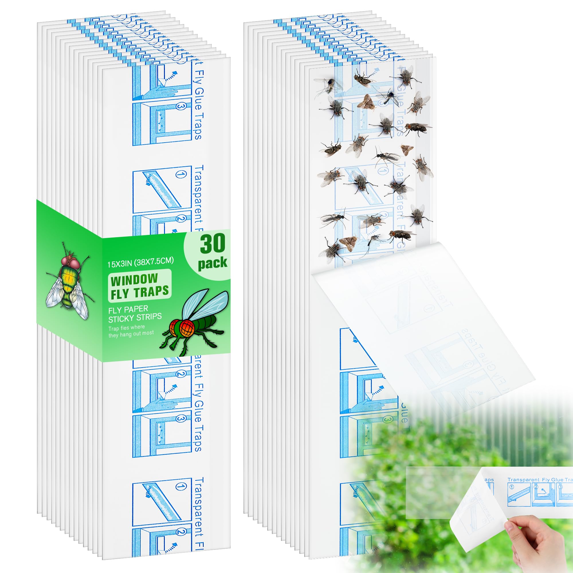 Qualirey 30 Pack XL Window Fly Traps for Indoors, Extra Large Fly Paper Sticky Strips, Waterproof & Non Toxic Clear Sticky Traps for Windows, Bug