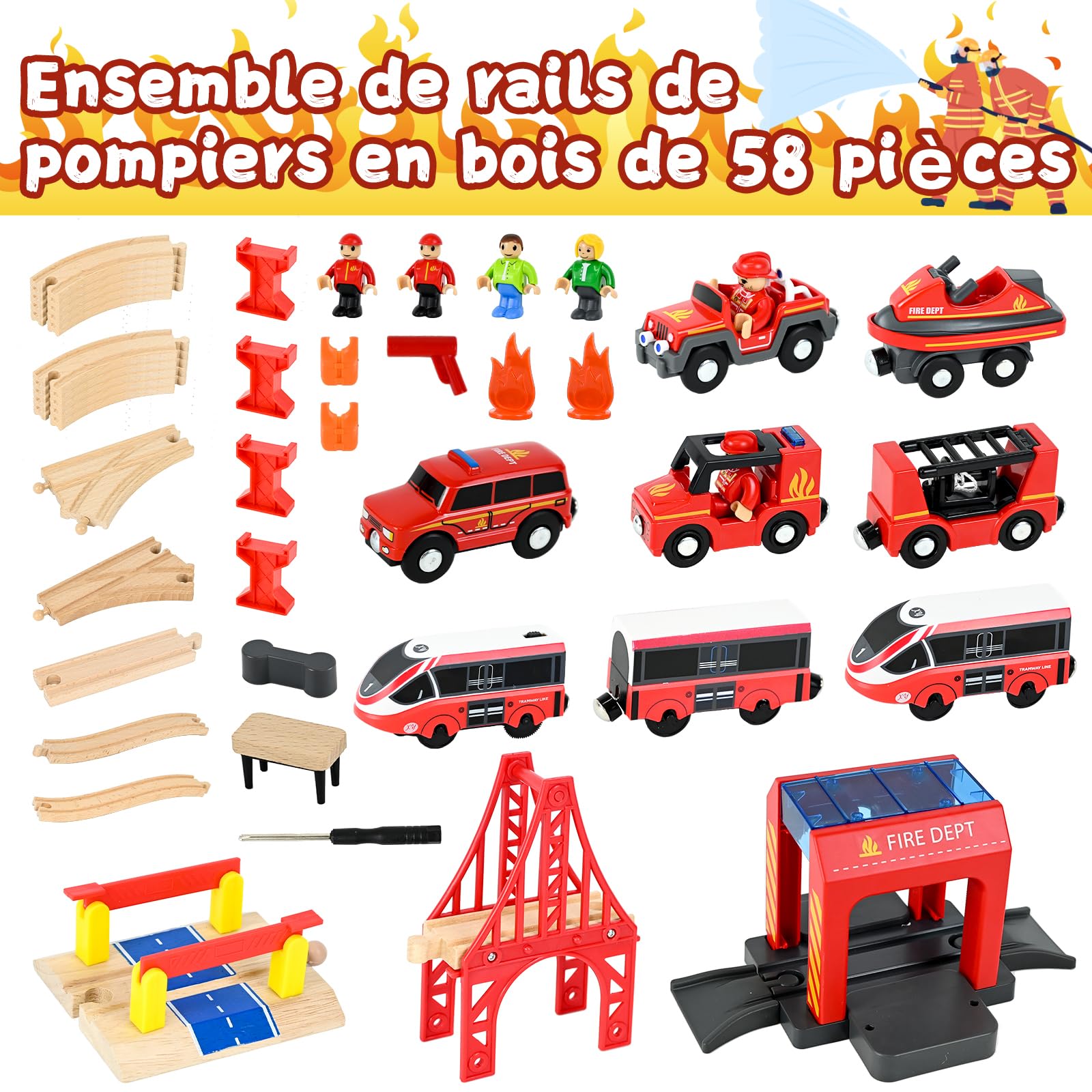 Ulikey 58 Pièces Circuit Train en Bois Enfant avec Locomotive Électrique et Camion de Pompier, Jouet Train Cadeaux d'anniversaire et de Noël pour Enfants, Compatible avec Grandes Marques Mainstream