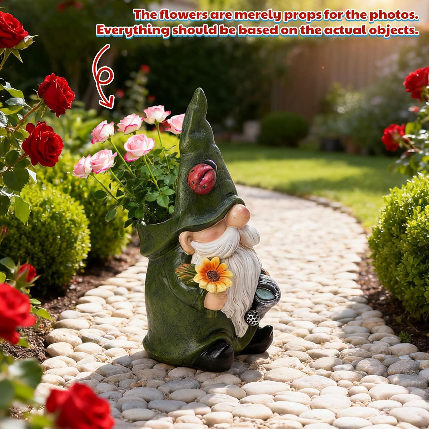 Gnome Planter Pot - Gnome Resin Pot with Glowing Ladybug Cute Flower and Succulent Pots for Indoor Outdoor Plants Home Farmhouse Garden Spring Summer Tabletop Statue Decoration (Green Cloth)
