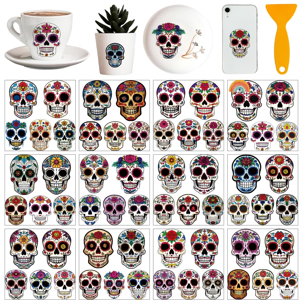 Autocollants de transfert tête de mort beau motif floral pour décoration fenêtre et bureau
