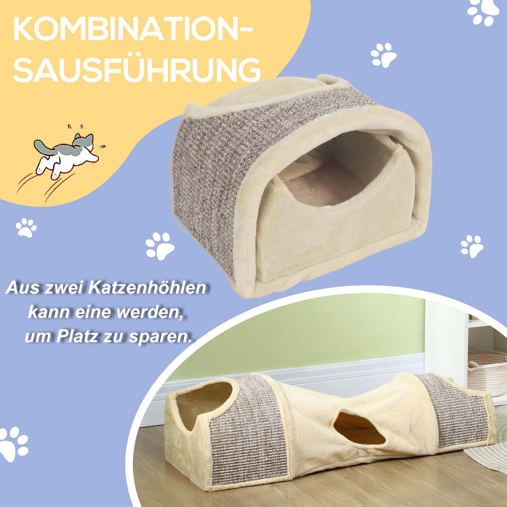 PawHut Tunel dla kota zabawka pluszowa 107 x 38 x 29 cm Beżowy+Szary | Z 2 domkami, 3 otworami, składany tunel do zabawy z sizalu, połączony design