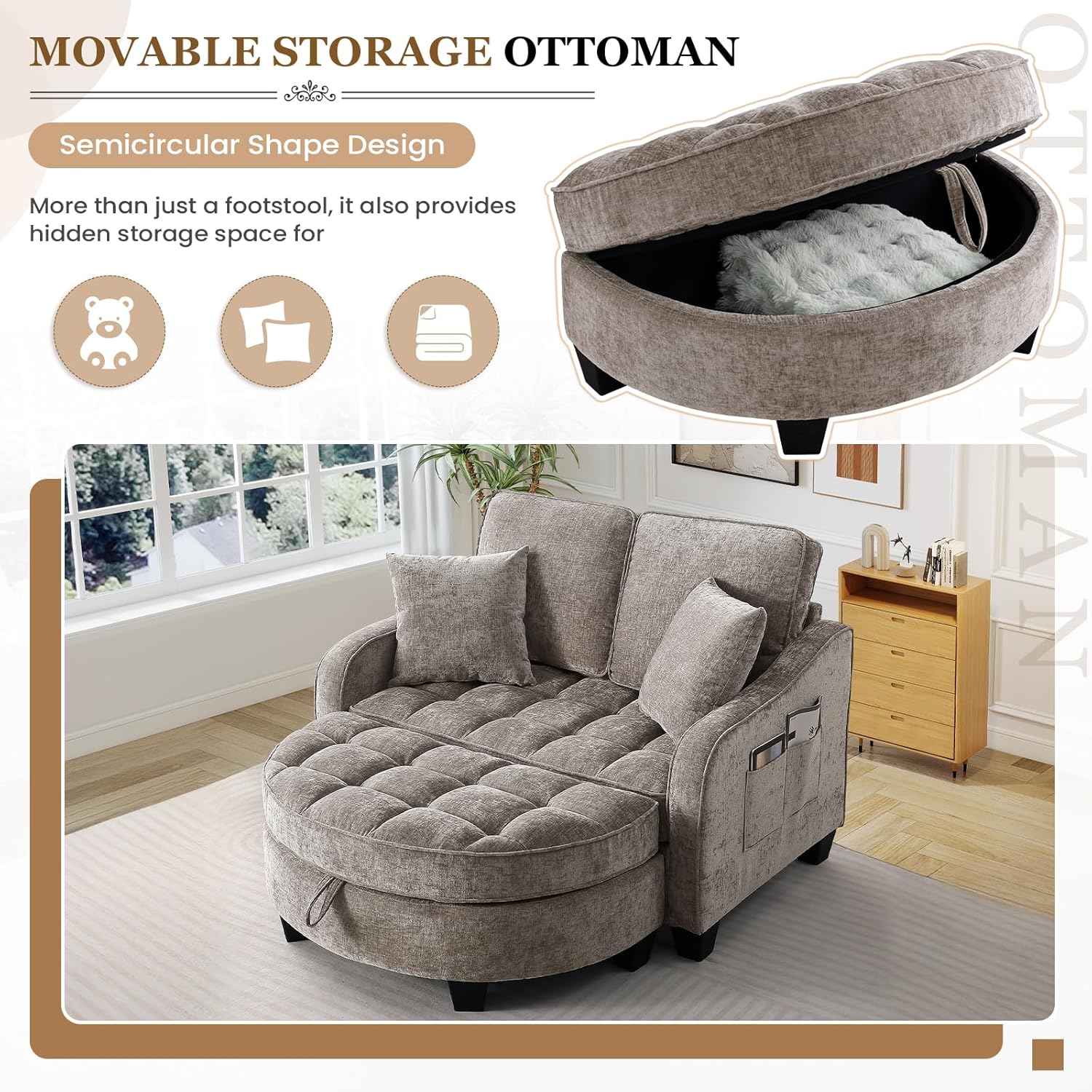 Oversized Chair and A Half, Chenille Tufting Accent Cozy Reading Sofa Chair with Storage Ottoman, Upholstered Loveseat Chaise Lounge Sofa with Adjustable Back for Living Room, Office, Sunroom, Brown