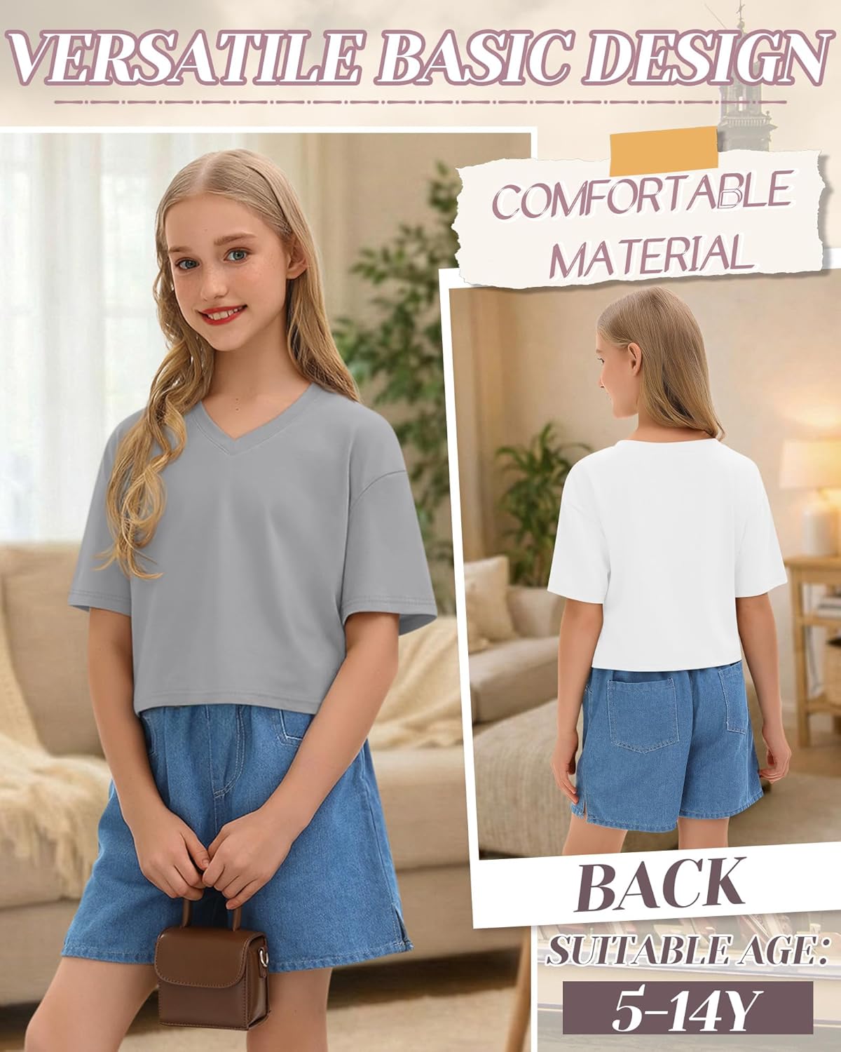 4 Pack Girls V Neck Crop Tops Kids Drop Shoulder Short Sleeve T Shirts Loose Fit Workout Tees 5-14 Years - Image 6