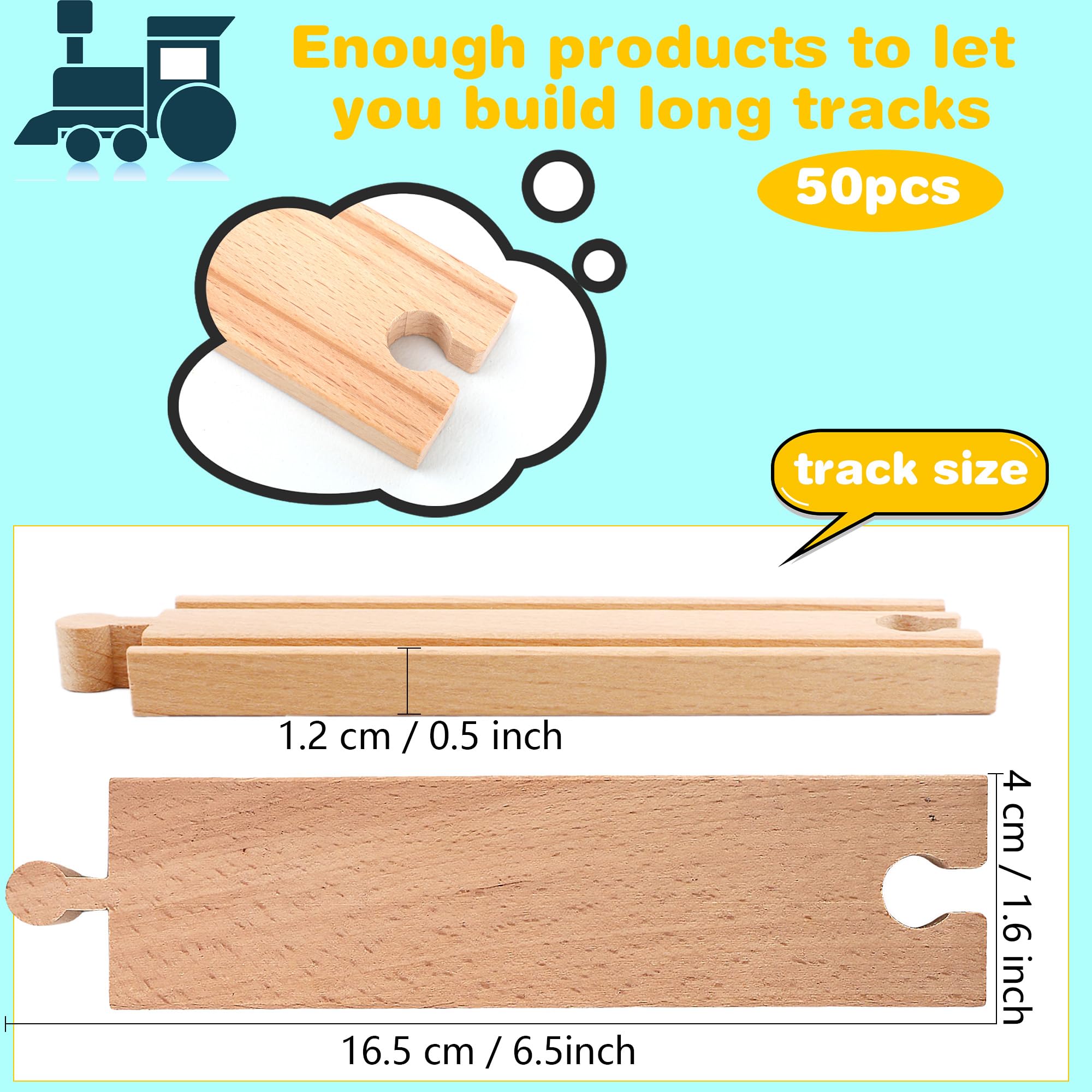 50 Pcs Wooden Train Track Set Straight Wood Train Track Bulk Hardwood Train Track Expansion Packs Compatible with All Major Brands Trains Railway