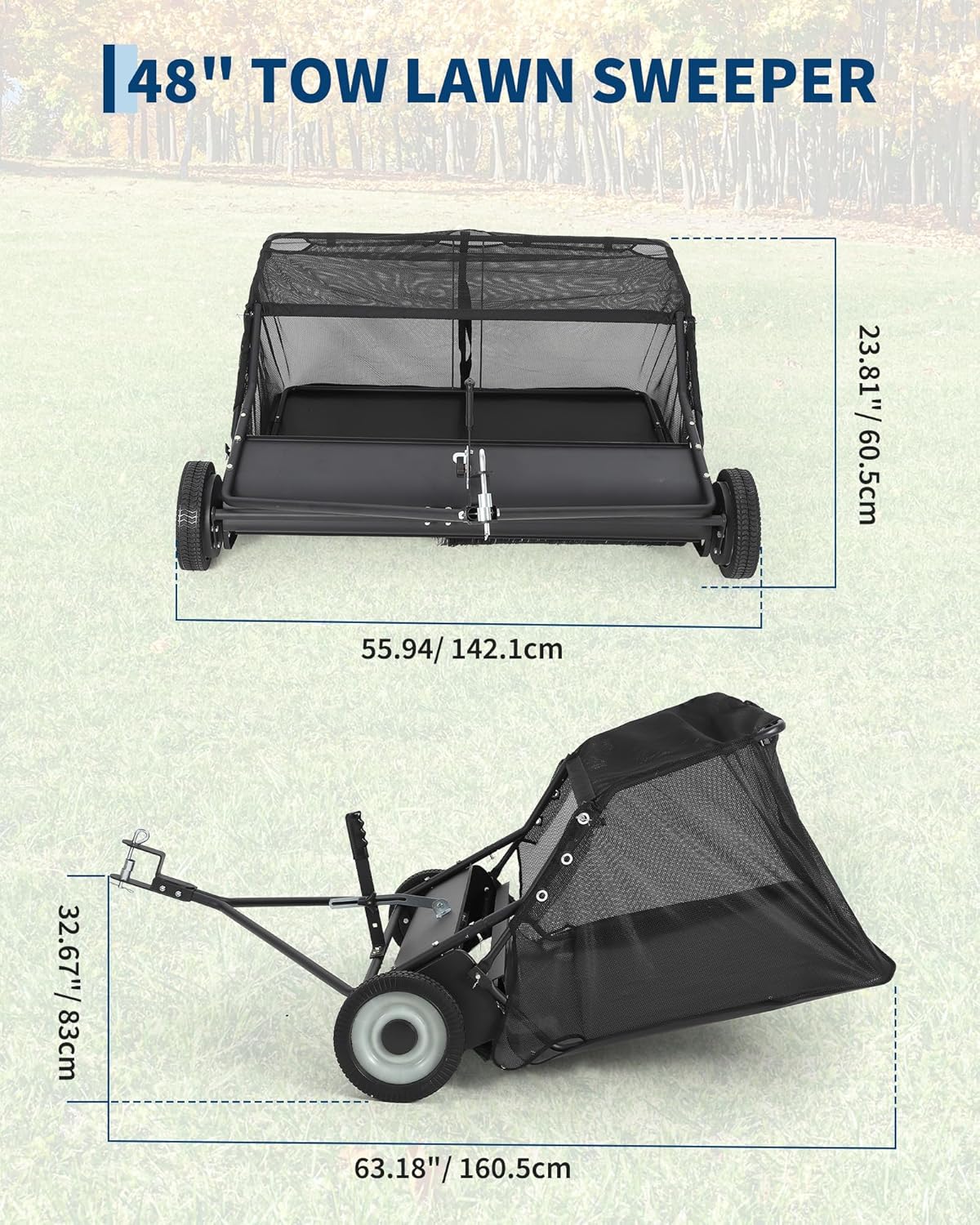 48" Lawn Sweeper Tow Behind, 26 Cu.Ft Capacity Pull Behind Yard Sweeper Large Leaf Collector, Leaf & Grass Catcher with Adjustable Brush Height & Dump from Seat Handle for Yard, Farm, Garden
