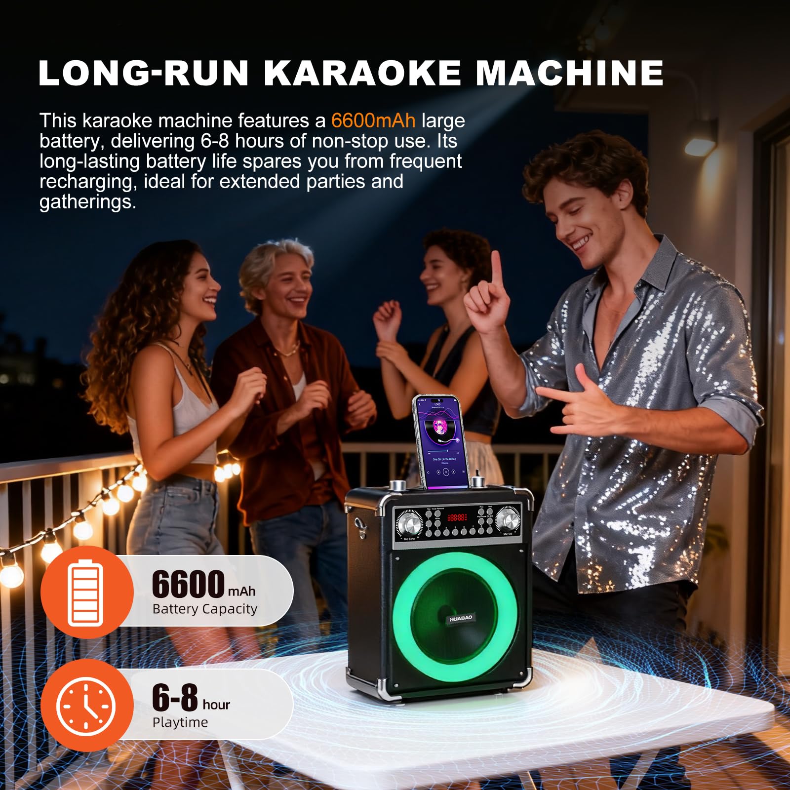 Máquina de karaoke con 2 micrófonos inalámbricos, altavoz Bluetooth portátil para adultos y niños, sistema PA con control remoto y luces, control de graves/agudos, compatible con USB/AUX/TF/FM