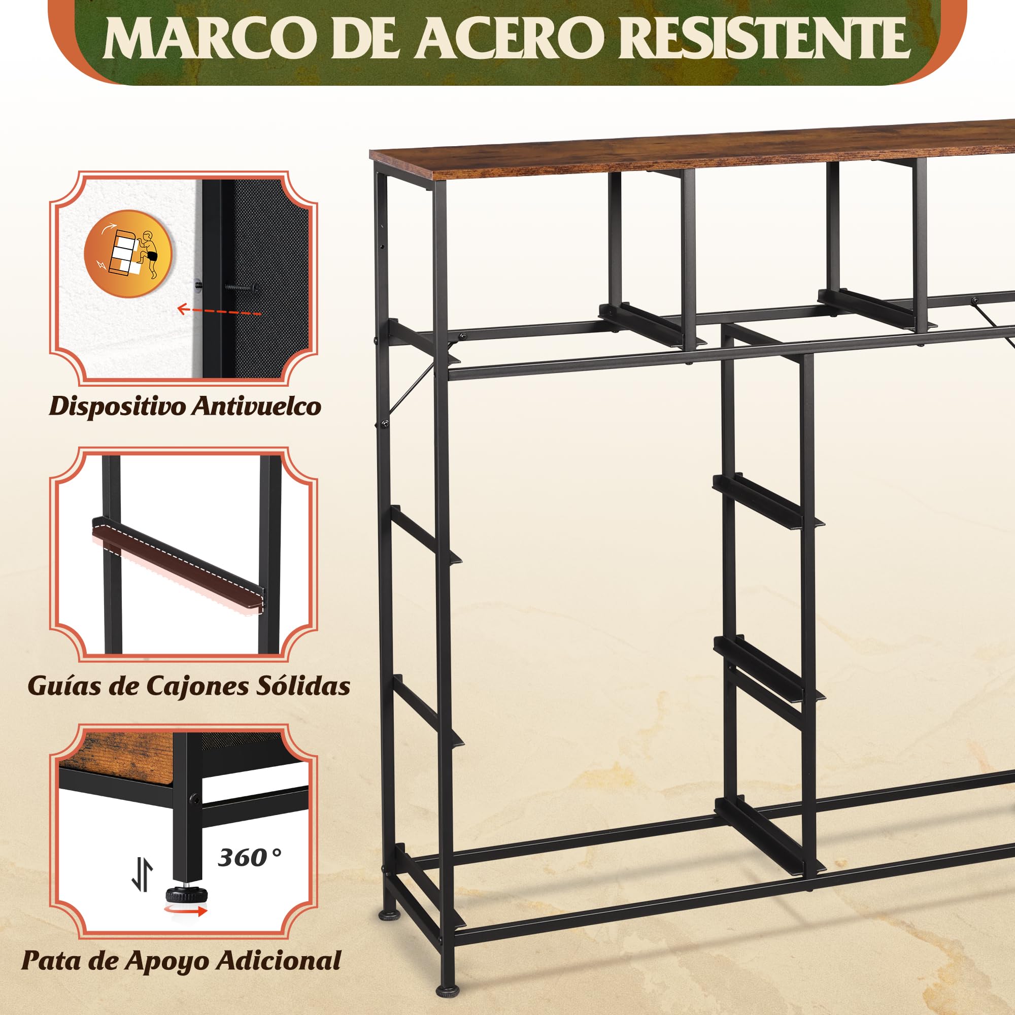 WLIVE Cómoda de 9 Cajones, Gabinete con Parte Superior de Madera y Estructura de Acero para Dormitorio, Sala de Estar, Pasillo, Madera Rústica