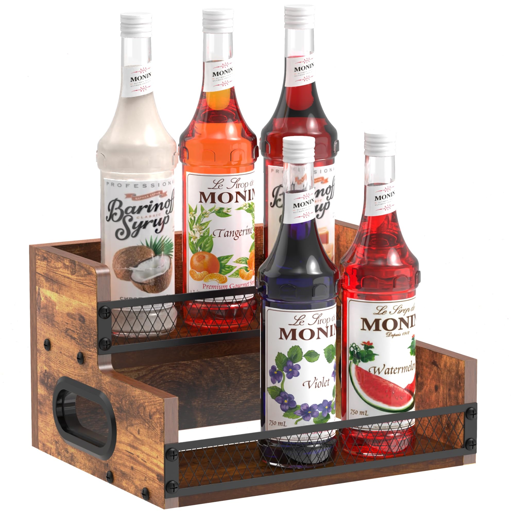 Liquor Bottle Display Shelf, Coffee Syrup Rack Organizer, 2 Step Countertop Liquor Wine Rack, 6 Bottles Coffee Station Organizer with Fences & Handles