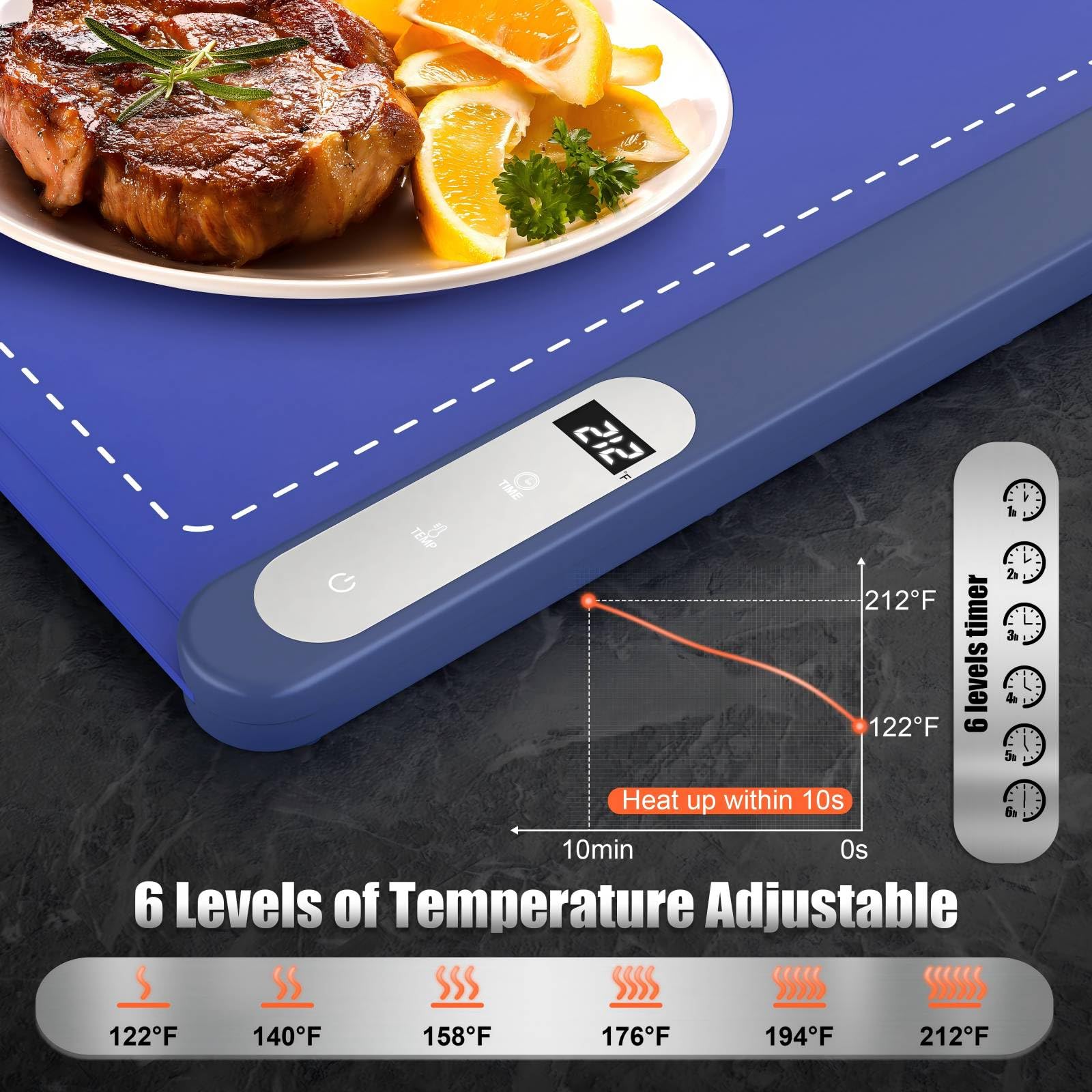 Electric Warming Mat for Heating Food - Upgrade Graphene Heating Film with with 6 Level Adjustable Temperature and 6 Hours Timer, Fast Even Silicone Warming Tray Easy for Storage and Clean
