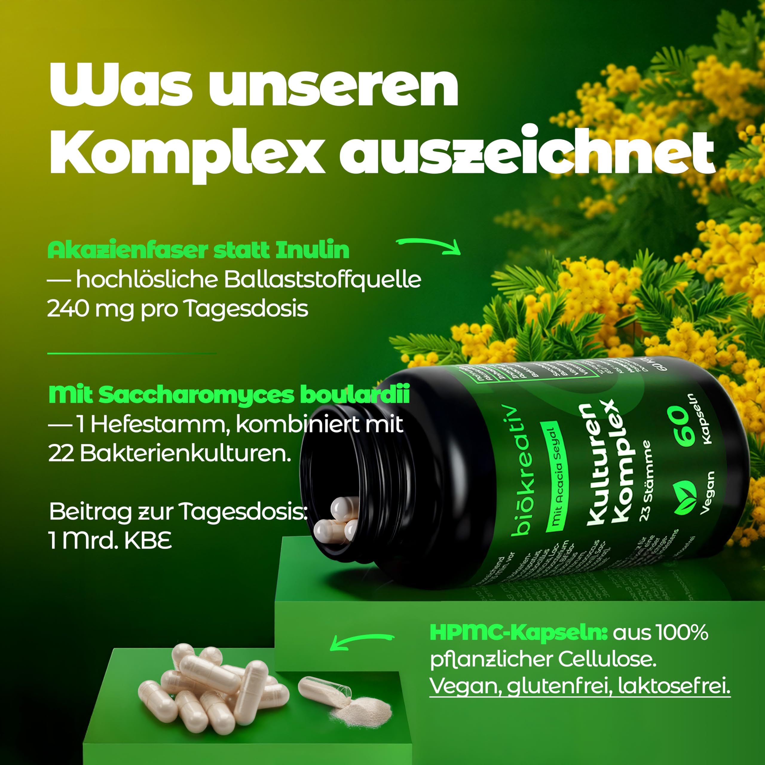 Biökreativ Kulturen Komplex ohne Inulin – 21 Mrd. KBE, 23 Stämme, mit Akazienfaser, Bakterienkulturen, Bifidobakterien, Lactobacillus, Vitamin B2 & B6, Vegan, 60 Kapseln