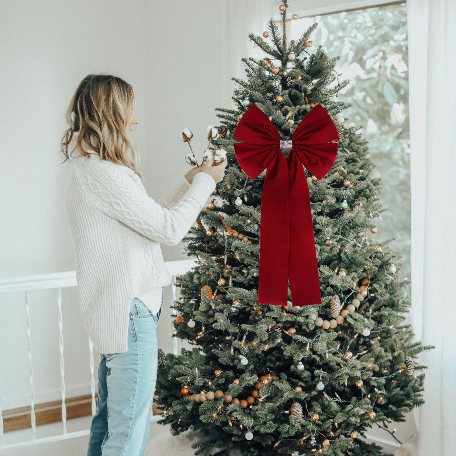 Meseey Lazo extra grande para árbol de Navidad de 36 x 18 pulgadas, lazo de terciopelo para decoración del hogar de Navidad, decoración de interiores y exteriores (borgoña)