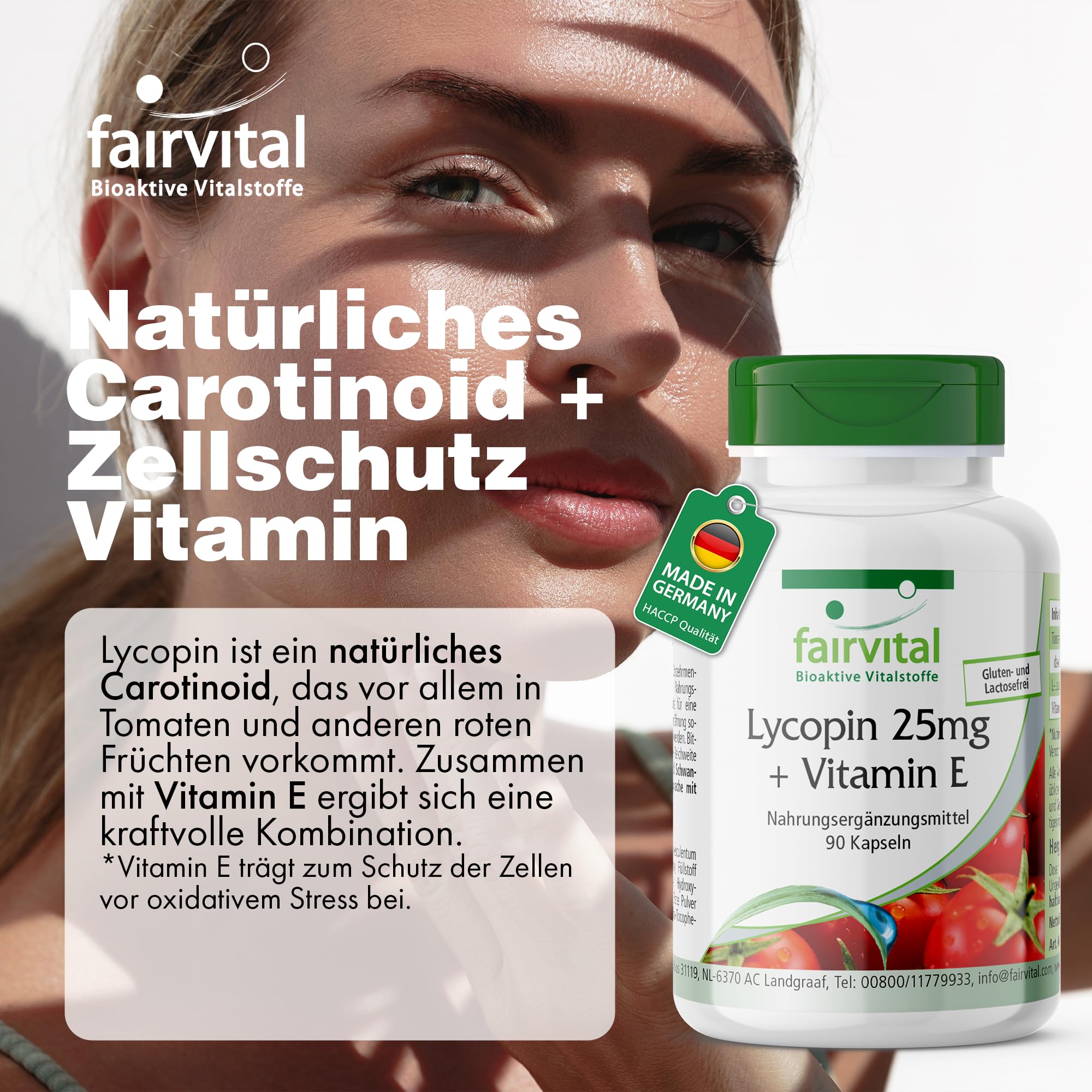 fairvital Lycopin Kapseln mit Vitamin E, 90 Kapseln, schluckfreundlich, 25mg Lycopin, VEGAN, mikroverkapselt