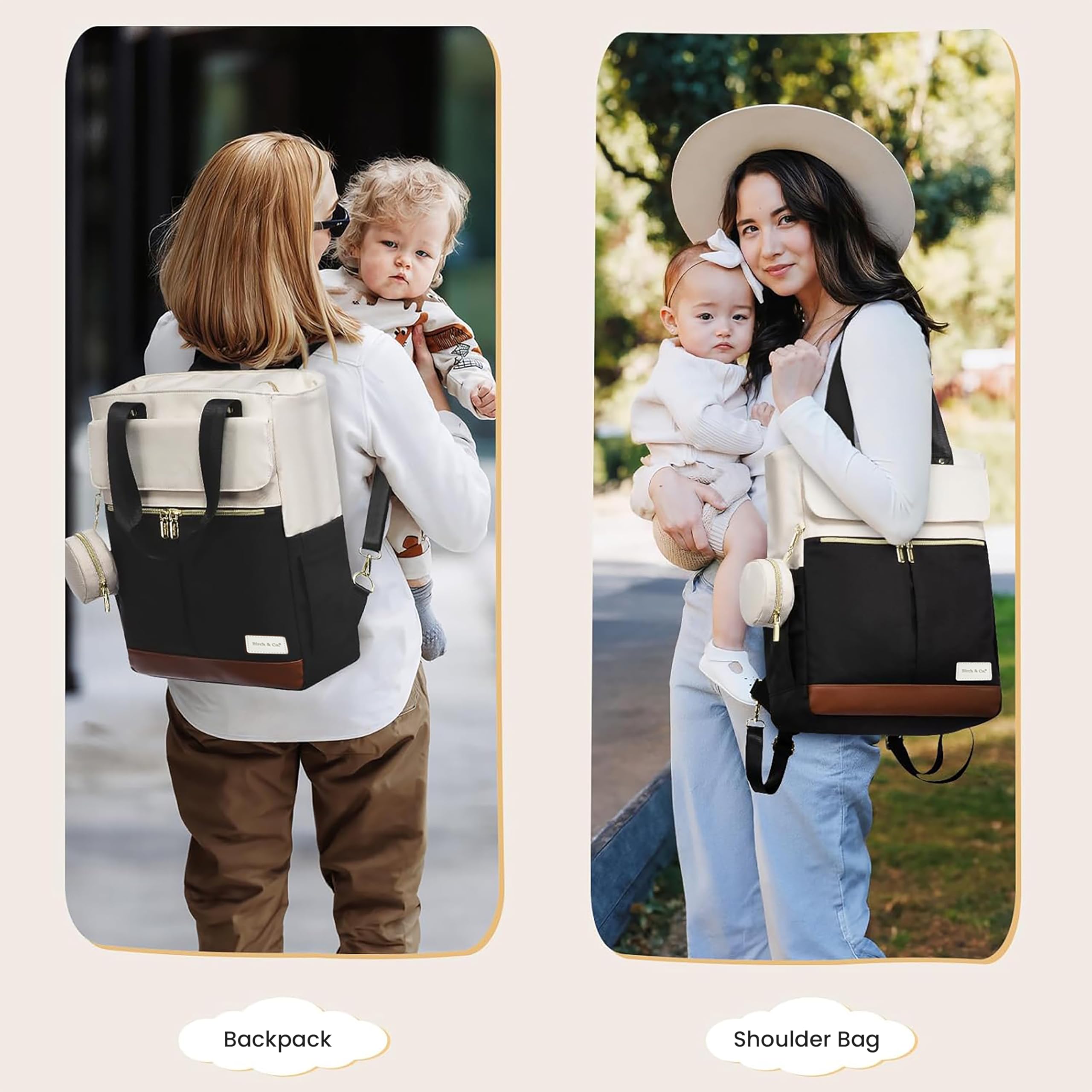 Birch & Co. Diaper Bag for Mothers for Travel – Baby Bag - Stylish Waterproof Baby Backpack with Insulated Compartments, Changing Mat, Spacious for Daily & Travel Use, BlackBrownWhite - Image 2 thumbnail