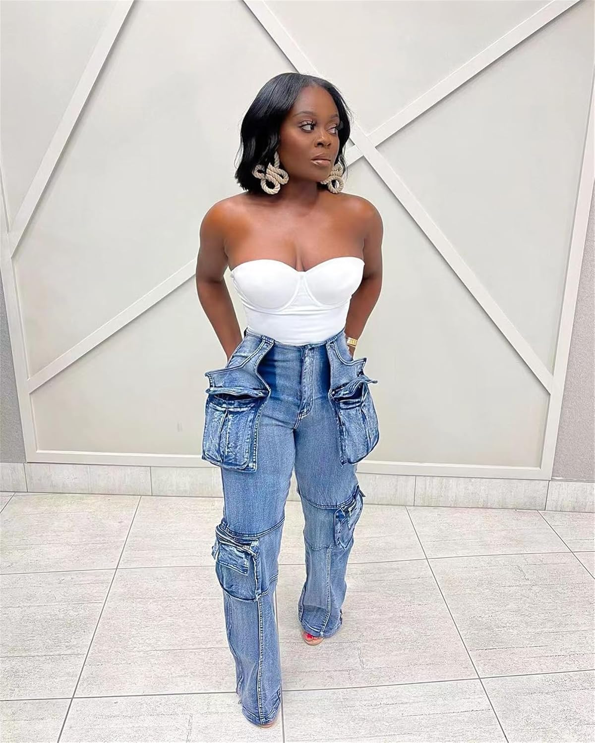 Women's High Waist Baggy Cargo Jeans Zipper Side Slit Straight Wide Leg Stretchy Denim Pants Y2K Streetwear with Pockets - Image 4