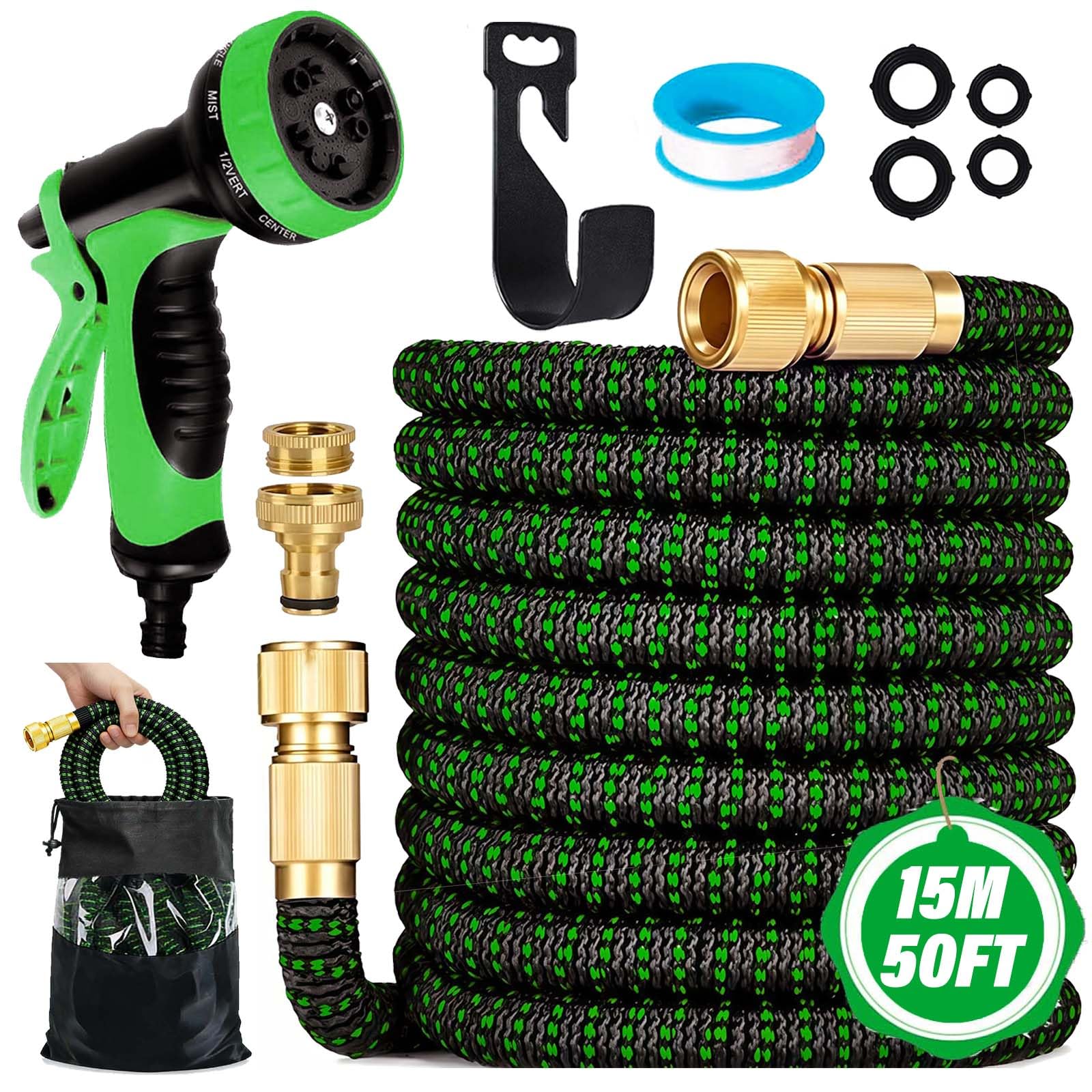 Funnity Flexibler Gartenschlauch 15m, Dehnbarer Wasserschlauch orange | 3-fach dehnbar, knickfrei & leicht, 3750D-Gewebe mit 4-Lagen-Latex, 10 Sprühmodi für Garten & Autopflege