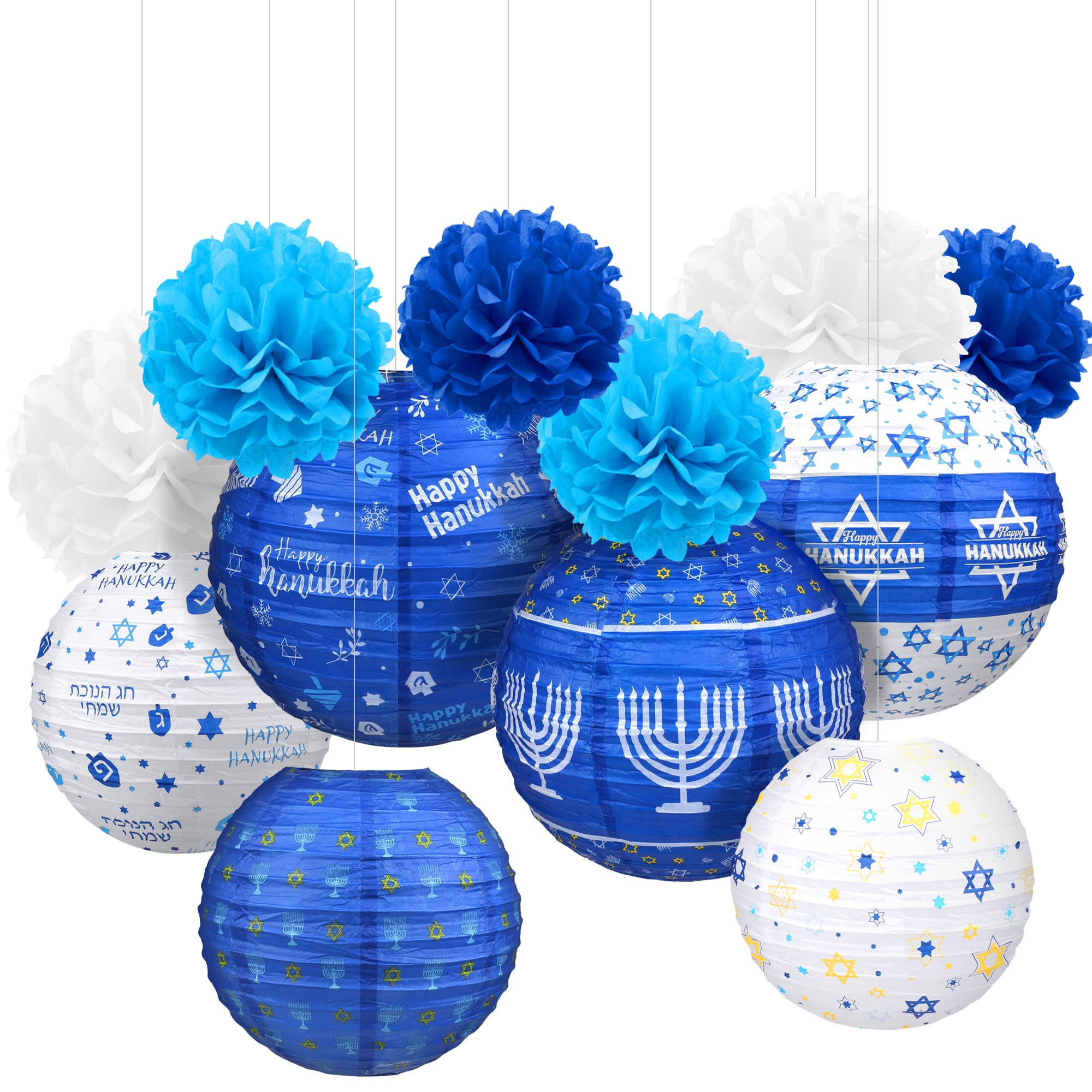 Photo 1 of ADXCO 12 Pieces Hanukkah Hanging Ball Lanterns Ornaments Paper Ball Lanterns Candlestick Spinning Tops Star of Sign Hanukkah Party Supplies Centerpiece Indoor Outdoor Decorations