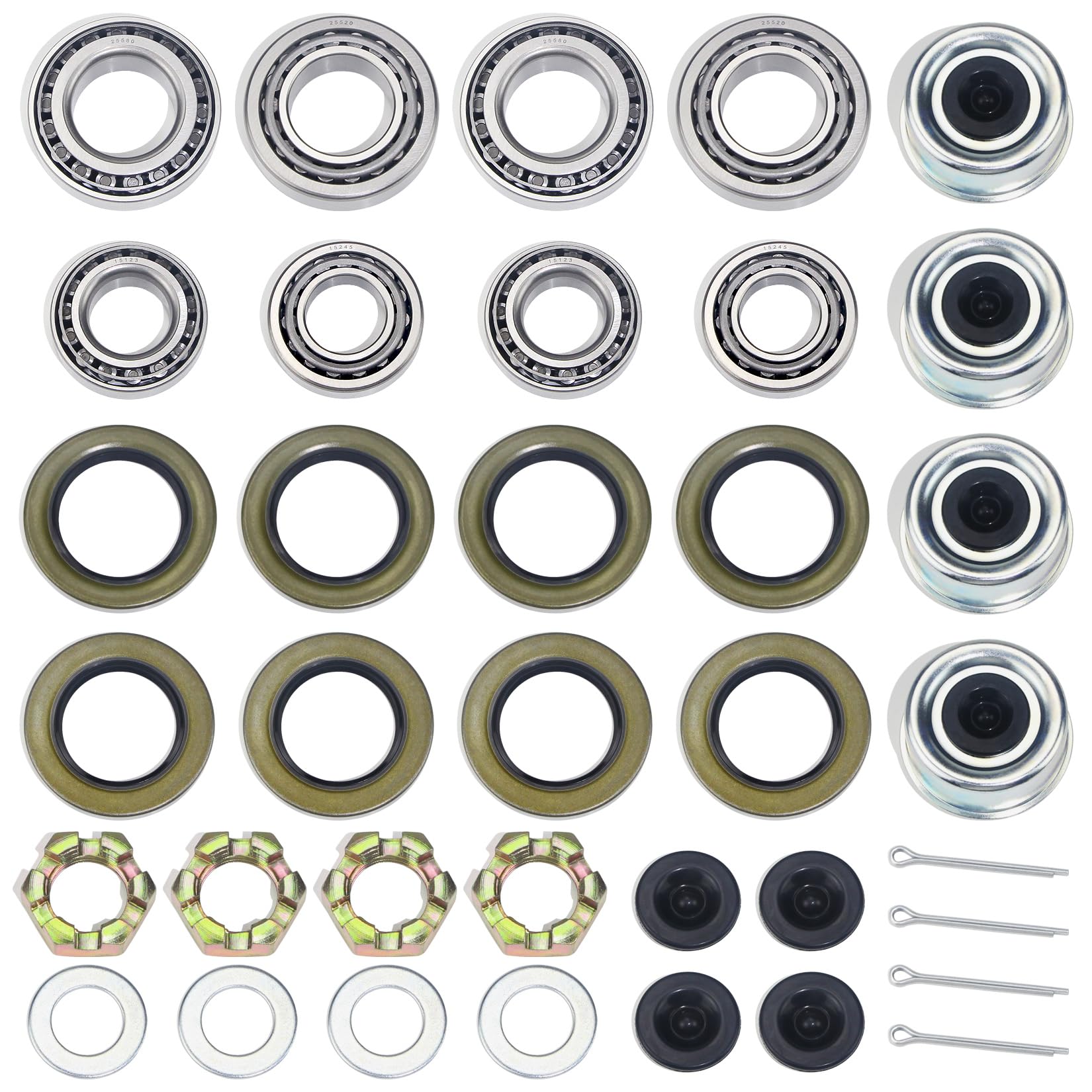 4Sets 25580 15123 Trailer Axle Hub Bearings Kit, with 21333TB/10-10 22333TB/10-36 Grease Seals 2.44'' Dust Caps Cotter Pins Nuts & Washers for 5200 to 6000 lbs Trailer #D42 Tapered Spindle 4Set 25580 15123 Bearing Kit
