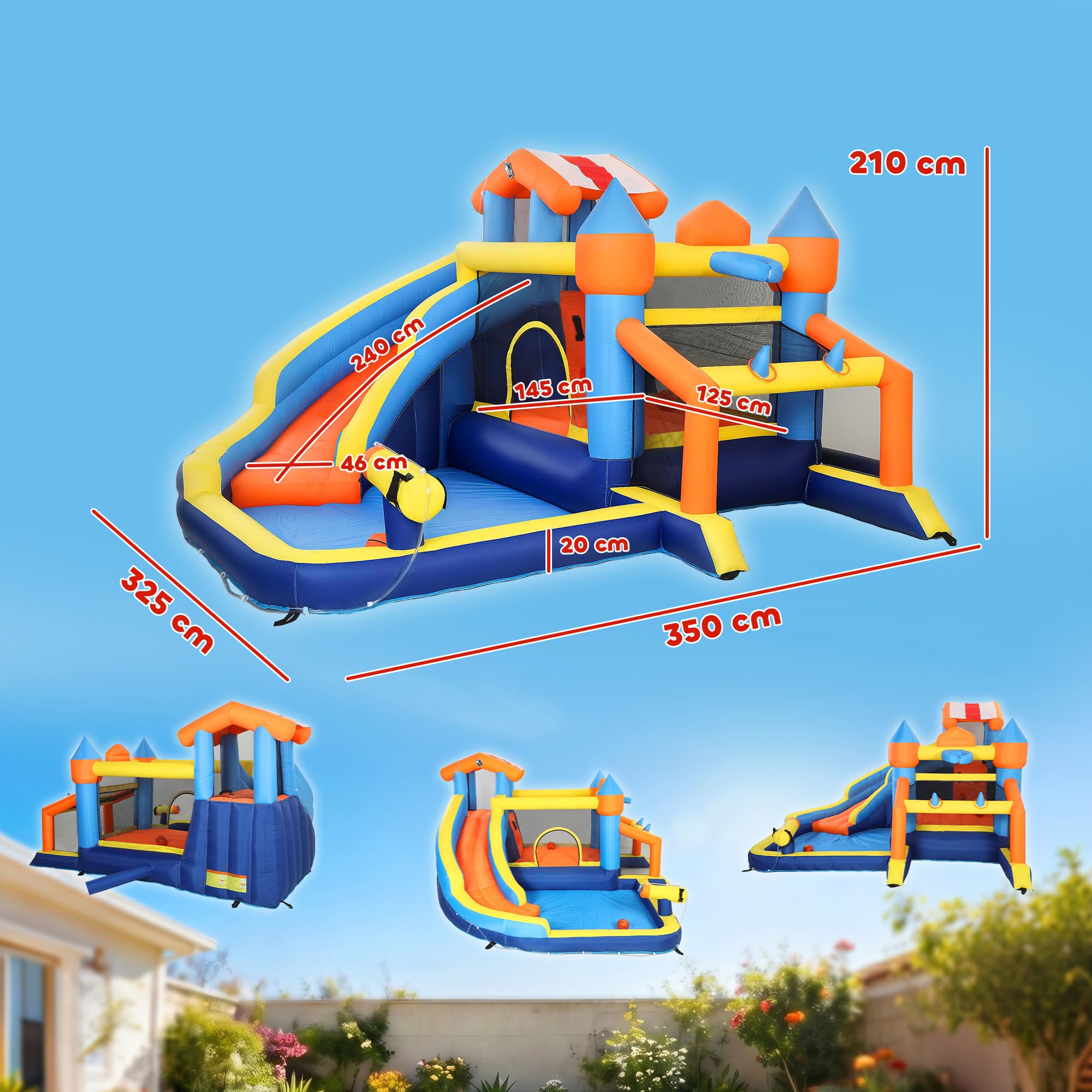 AIYAPLAY Hüpfburg mit Gebläse 8-in-1 aufblasbare Wasserpark mit Wasserrutsche Planschbecken Trampolin Kletterwand Basketballkorb Springburg für 4 Kinder von 3–8 Jahren für Indoor Outdoor 350x325x210cm