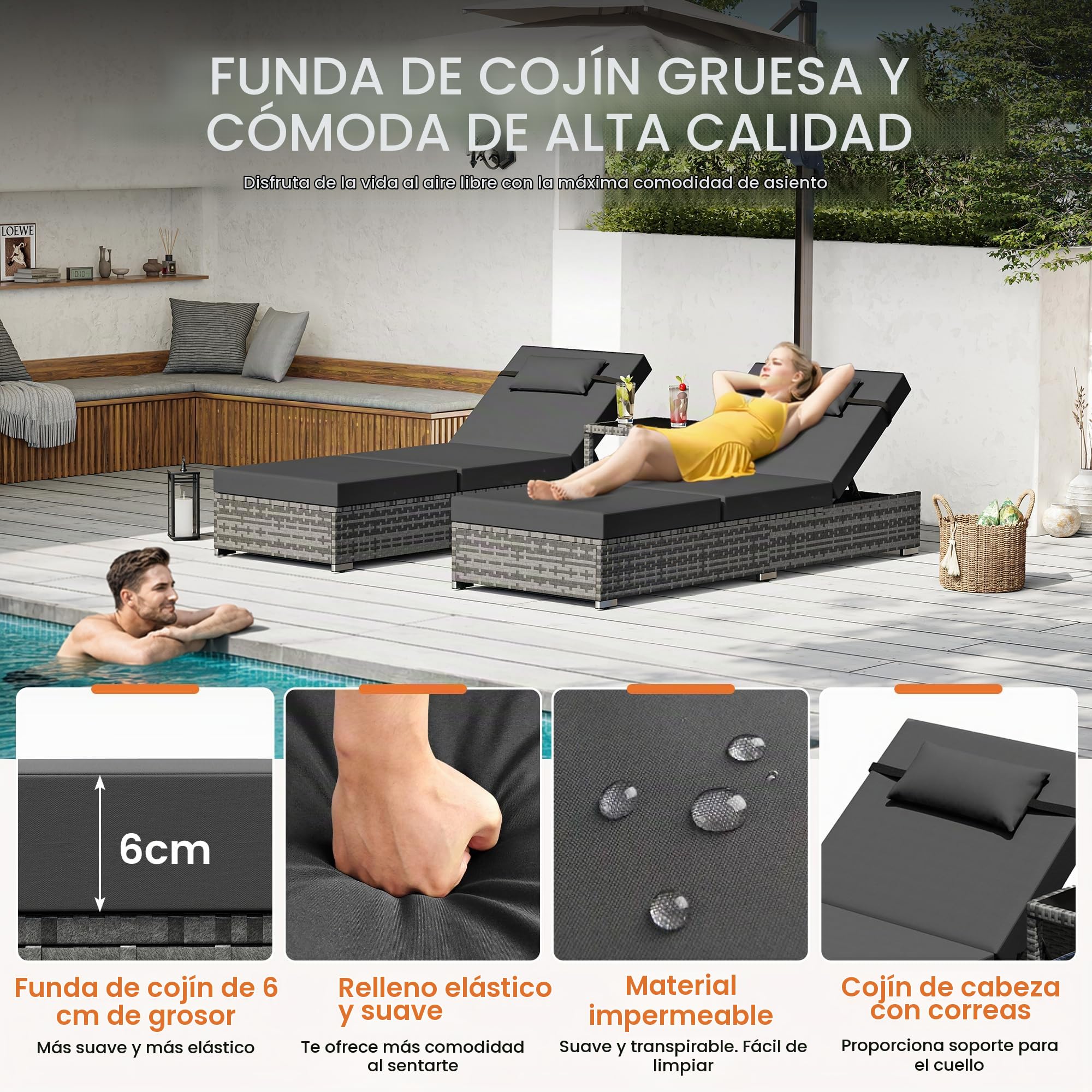 UDPATIO Set de 2 Tumbonas de Ratán, Respaldo 5 Posiciones + Mesa Jardín, Poliratán Tumbonas Jardin Exterior Impermeables, para Jardín, Exterior y Patio, Ratán Gris y Cojín Gris