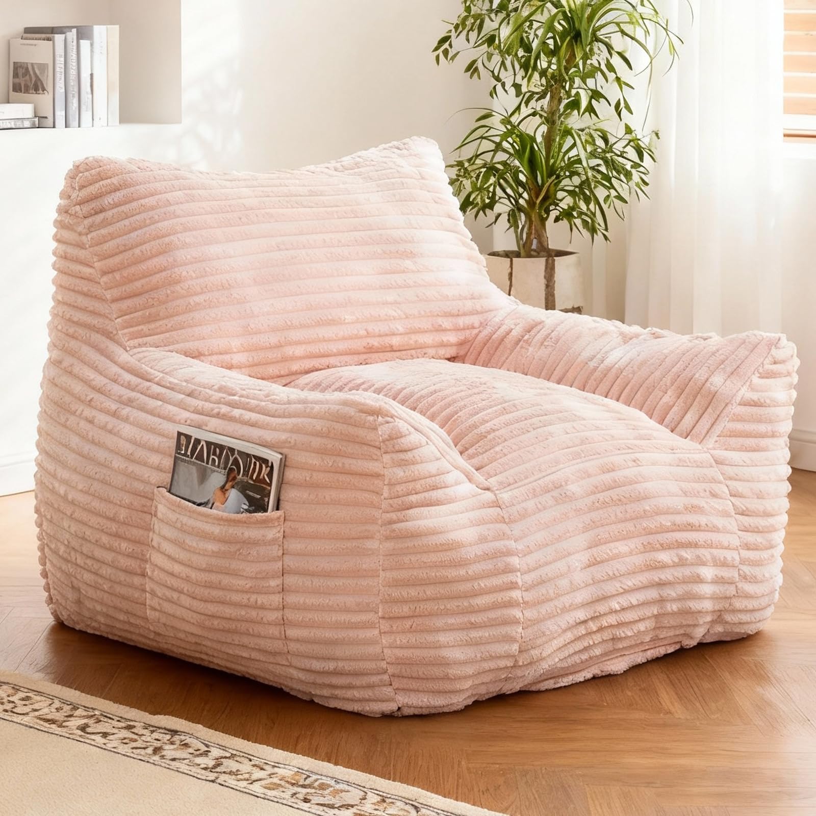 Bean Bag Chair for Adults & Kids, Giant Bean Bag Sofa with Side Pocket, Corduroy Beanbag Chair with Armrests, Comfy Stuffed Floor Sofa for Living Room