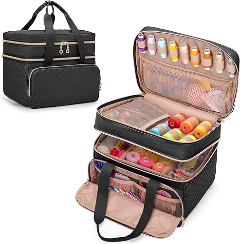 YARWO Organizador de suministros de costura de doble capa con 5 divisores personalizados, bolsa de almacenamiento portátil para accesorios de